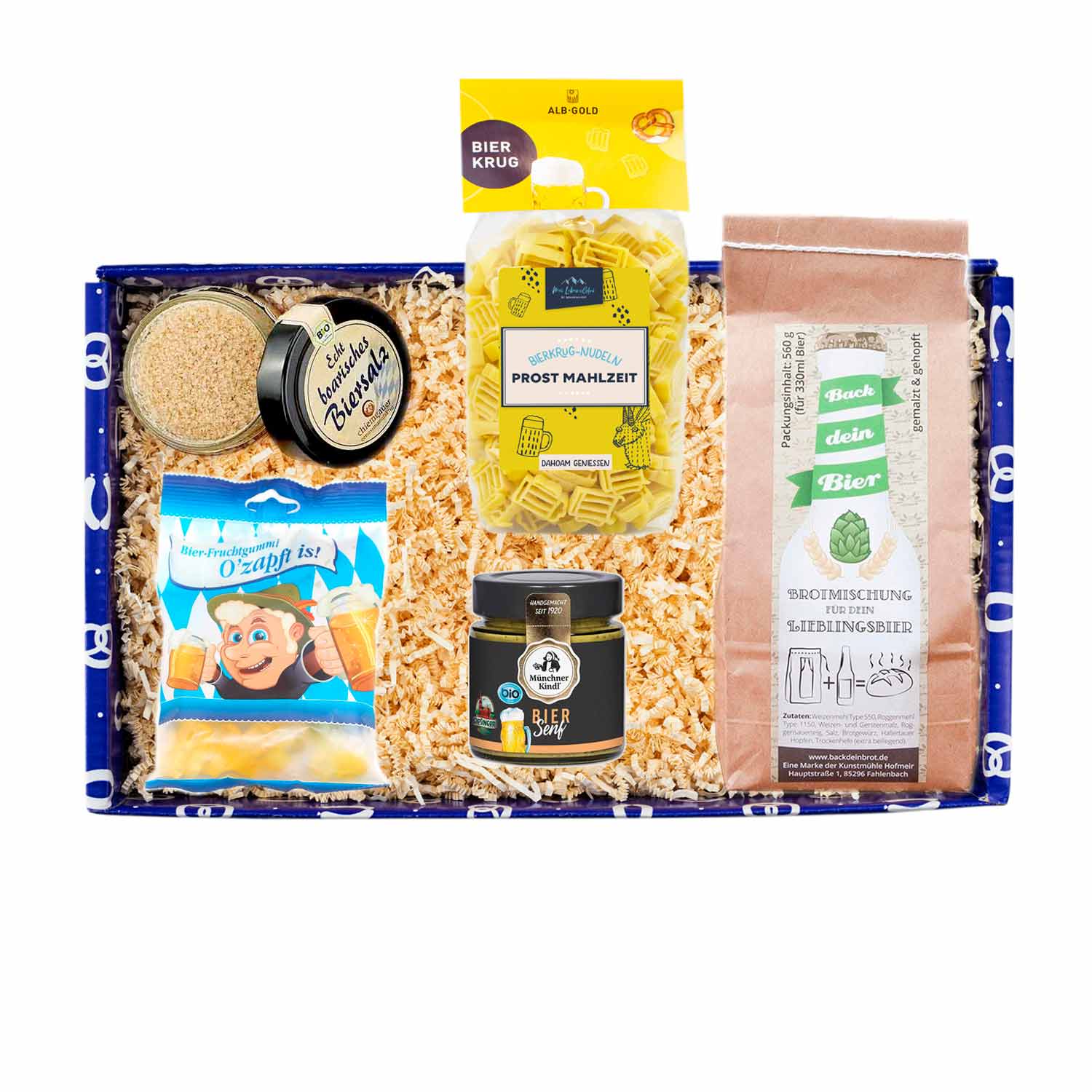 Geschenkbox Rund um´s Bier gefüllt mit Biersalz, Biernudeln, Brotbackmischung, Bier-Fruchtgummi, Senf.
