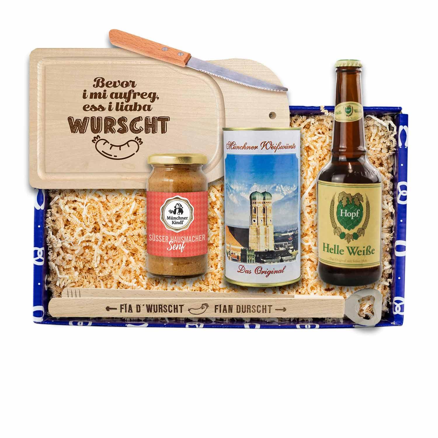 Geschenkbox Weißwurscht-Brotzeit mit Schneidebrett, süßem Senf, Weißwürsten und hellem Weißbier.