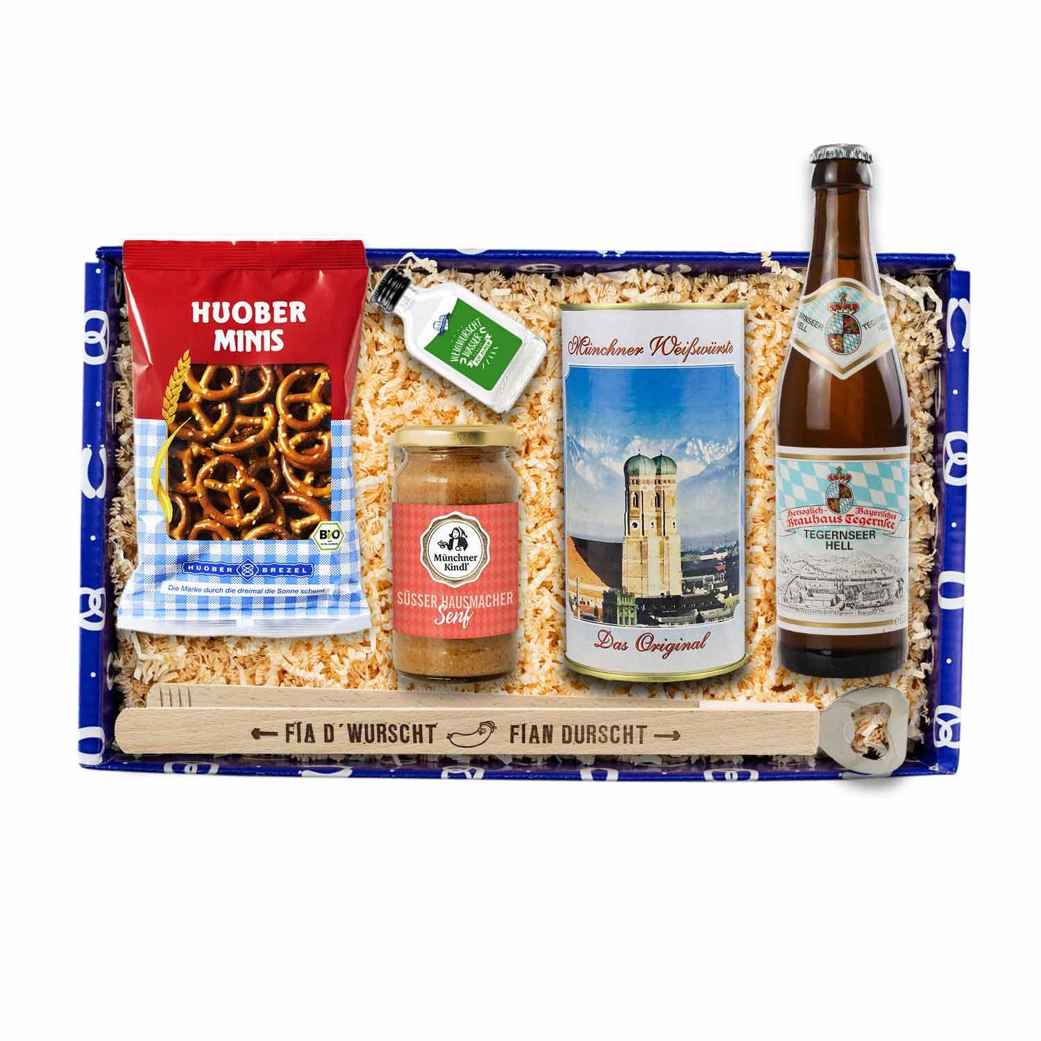 Geschenkbox Weißwurscht-Frühstück mit Weißwürsten, süßem Senf, Brezeln, Bier und Öffner.