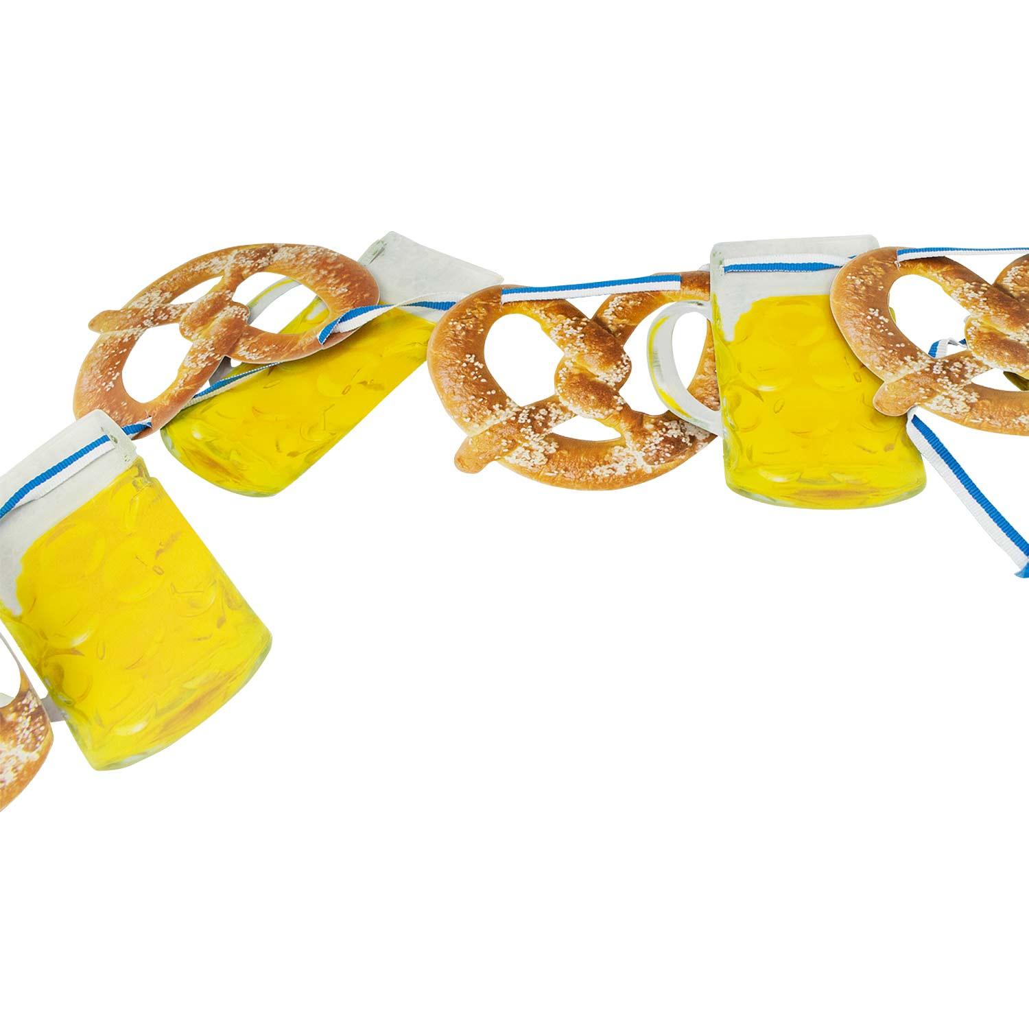 Wiesnkrug & Deko Oktoberfest-Box mit Brezel- und Maßkrug-Girlande in Weiß, Gelb und Blau zur Feier