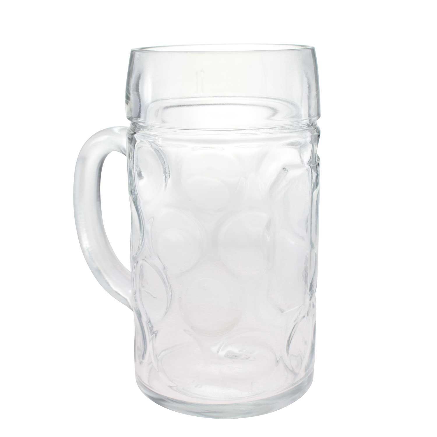 Klassischer Bierkrug aus klarem Glas mit traditionellem Noppenmuster und robustem Henkel für 1 Liter Inhalt