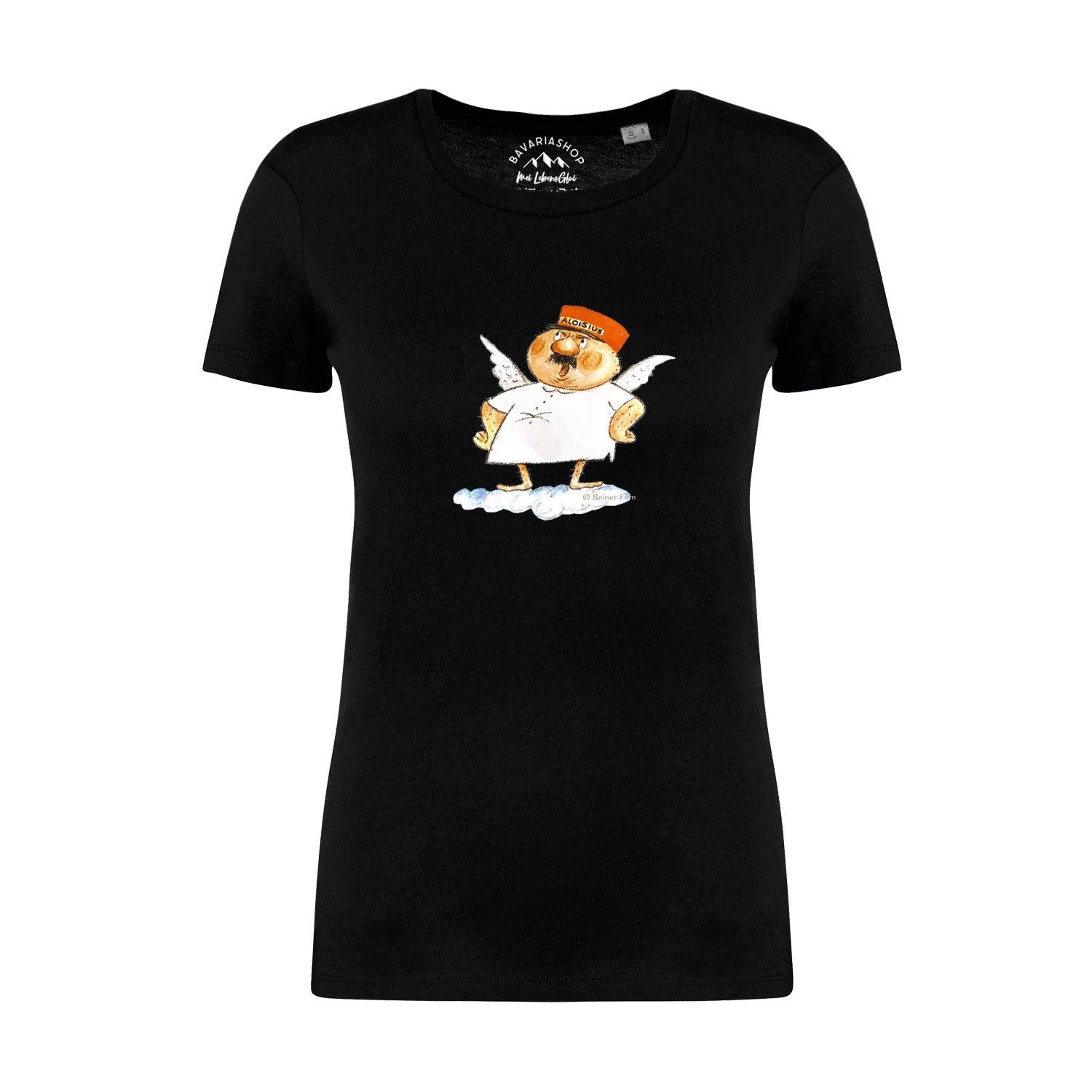 Engel Aloisius Damen T-Shirt "Grantlhuaba" in Schwarz mit Cartoon-Druck des grantelnden Engels auf Wolke.