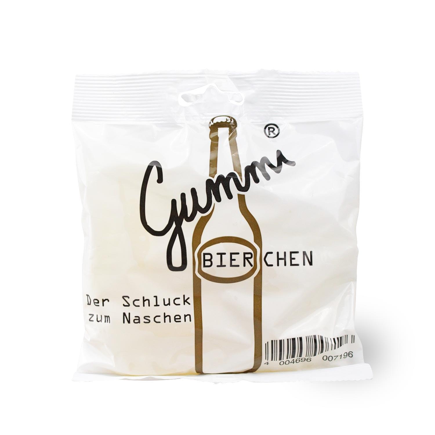 Transparente Tüte Gummibierchen Fruchtgummis mit stilisiertem Bierflaschen-Logo und weißer Füllung, perfekt zum Naschen.