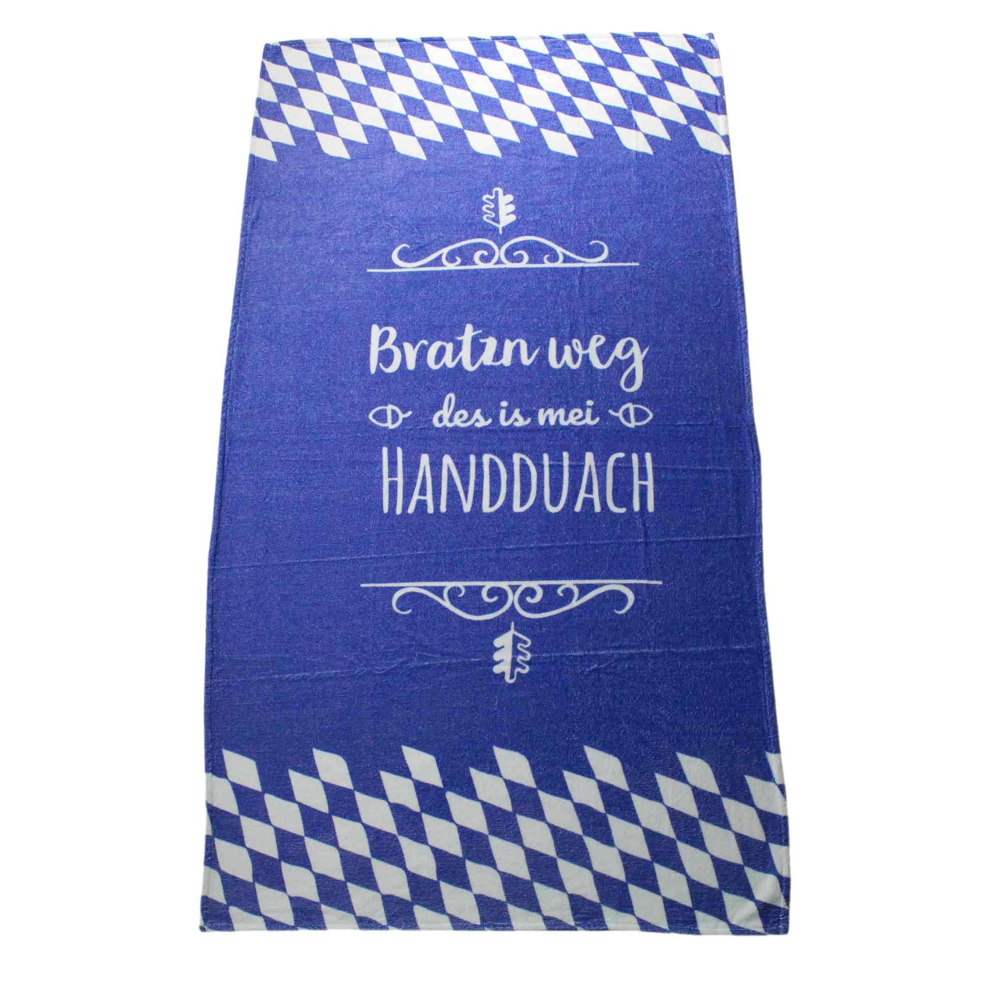 Blaues Oktoberfest Handtuch mit bayerischem Rautenmuster Rand und Spruch "Bratzn weg des is mei Handduach