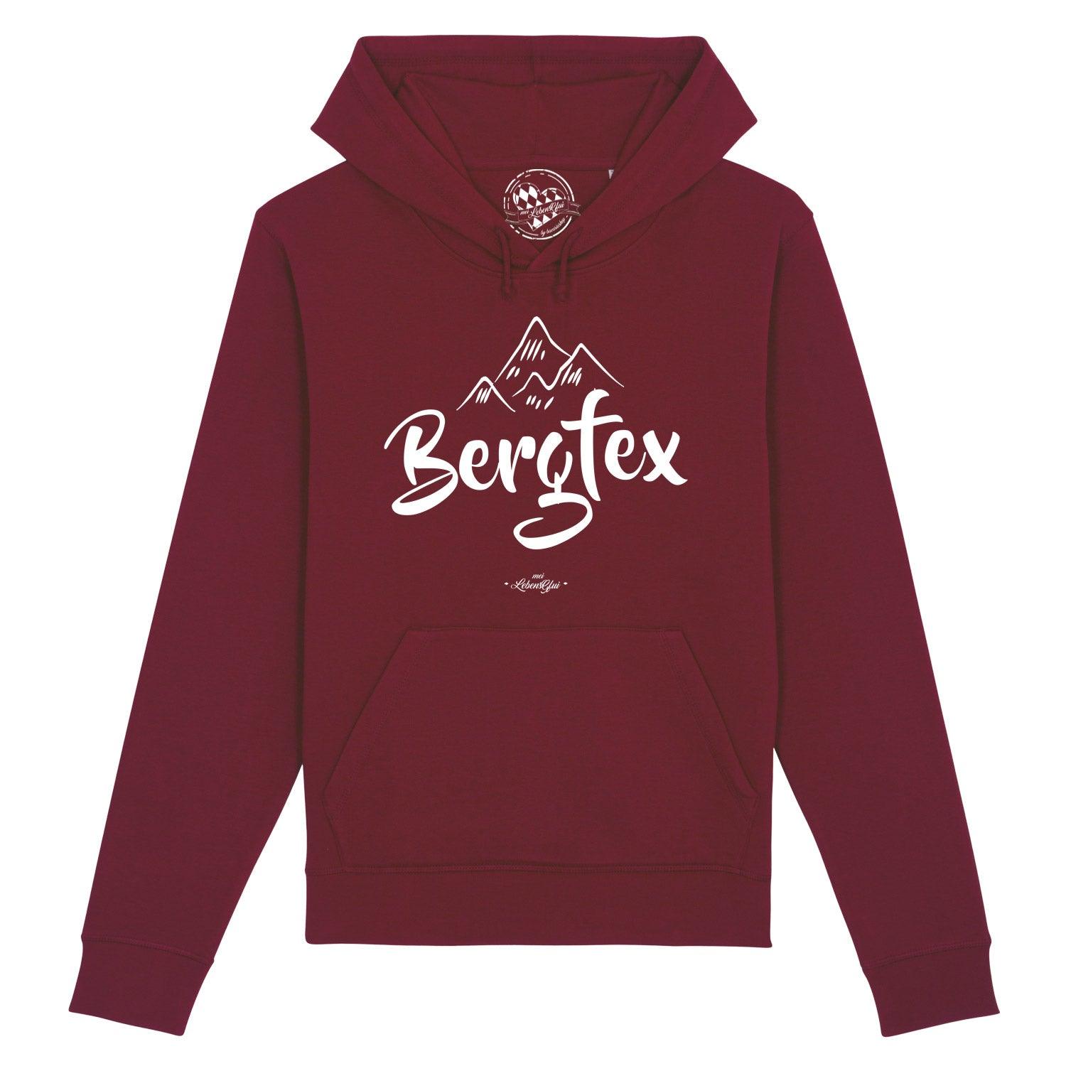Herren Hoodie "Bergfex" in Bordeaux mit weißem Berg- und Schriftzug-Design auf der Vorderseite, Kängurutasche.