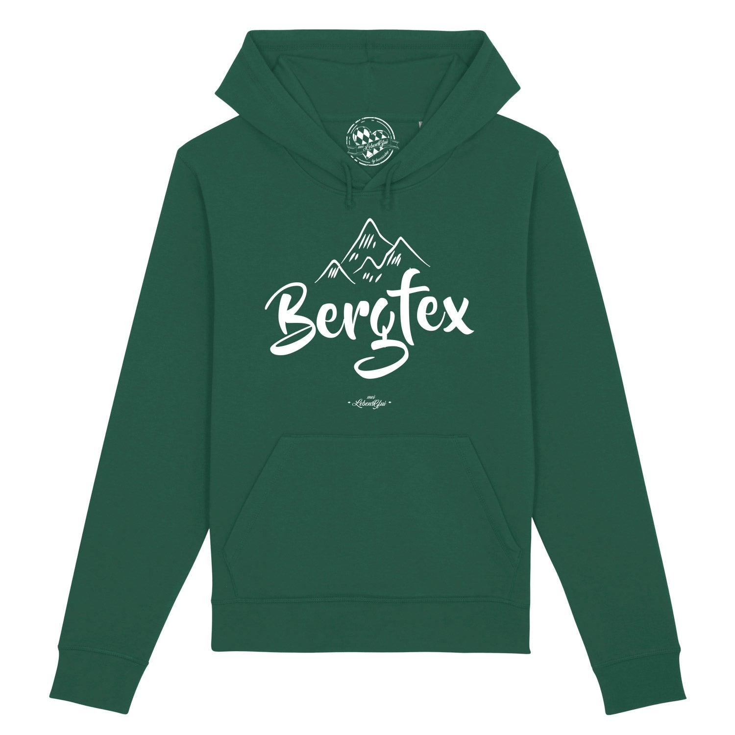 Herren Hoodie "Bergfex" in Dunkelgrün mit weißem Berg- und Schriftzug-Print, Kapuze und Kängurutasche.