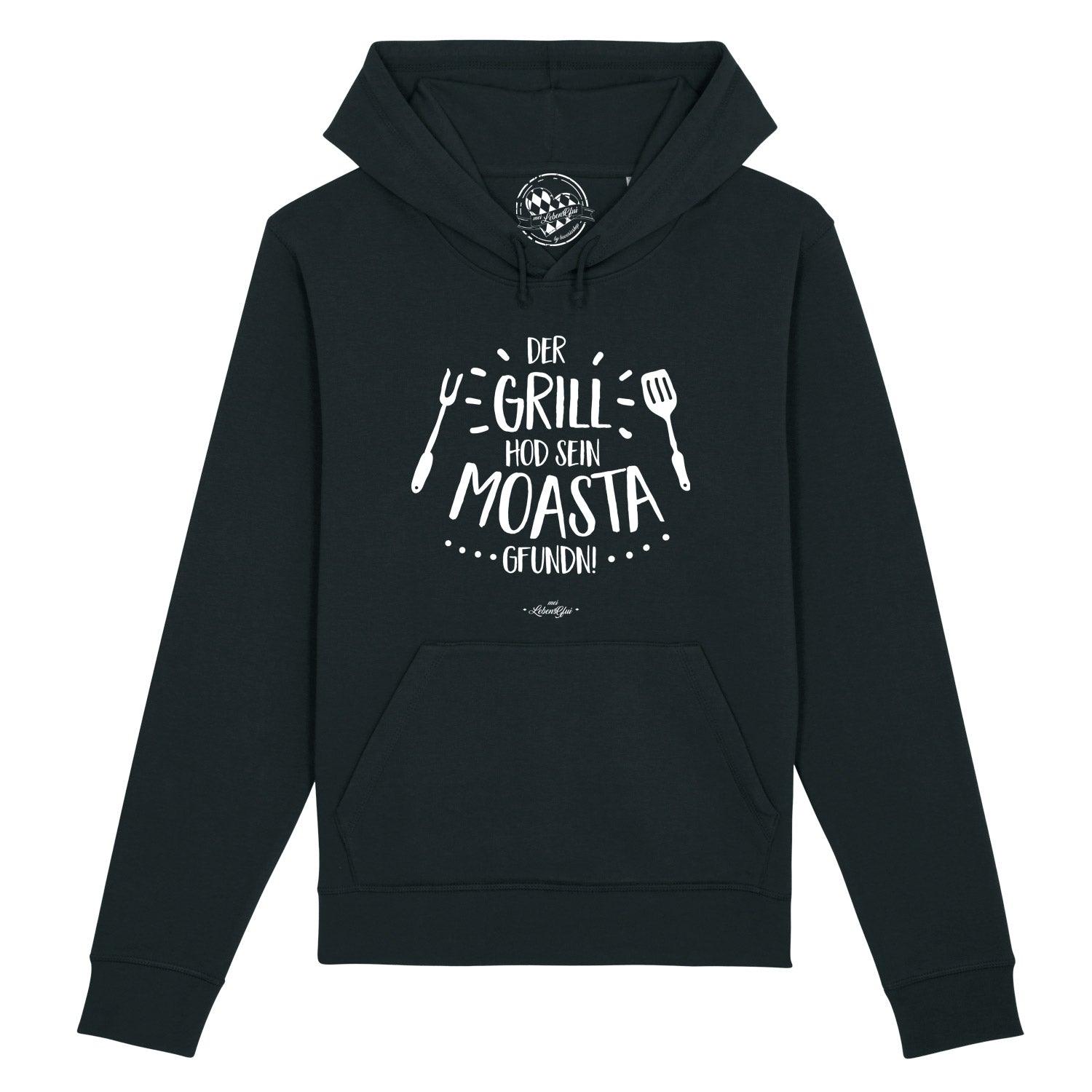 Herren Hoodie GrillMoasta in Schwarz mit weißem bayerischen Spruch und Grillbesteck-Motiv, bequeme Baumwolle.
