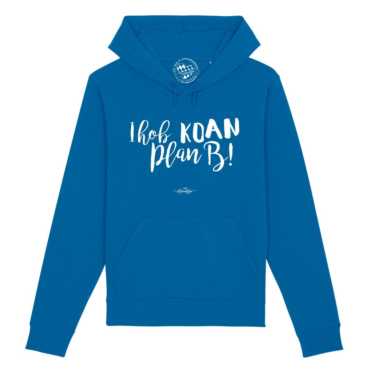 Königsblauer Herren Hoodie "Koan Plan B..." mit weißem Schriftzug, Kapuze und Bauchtasche.