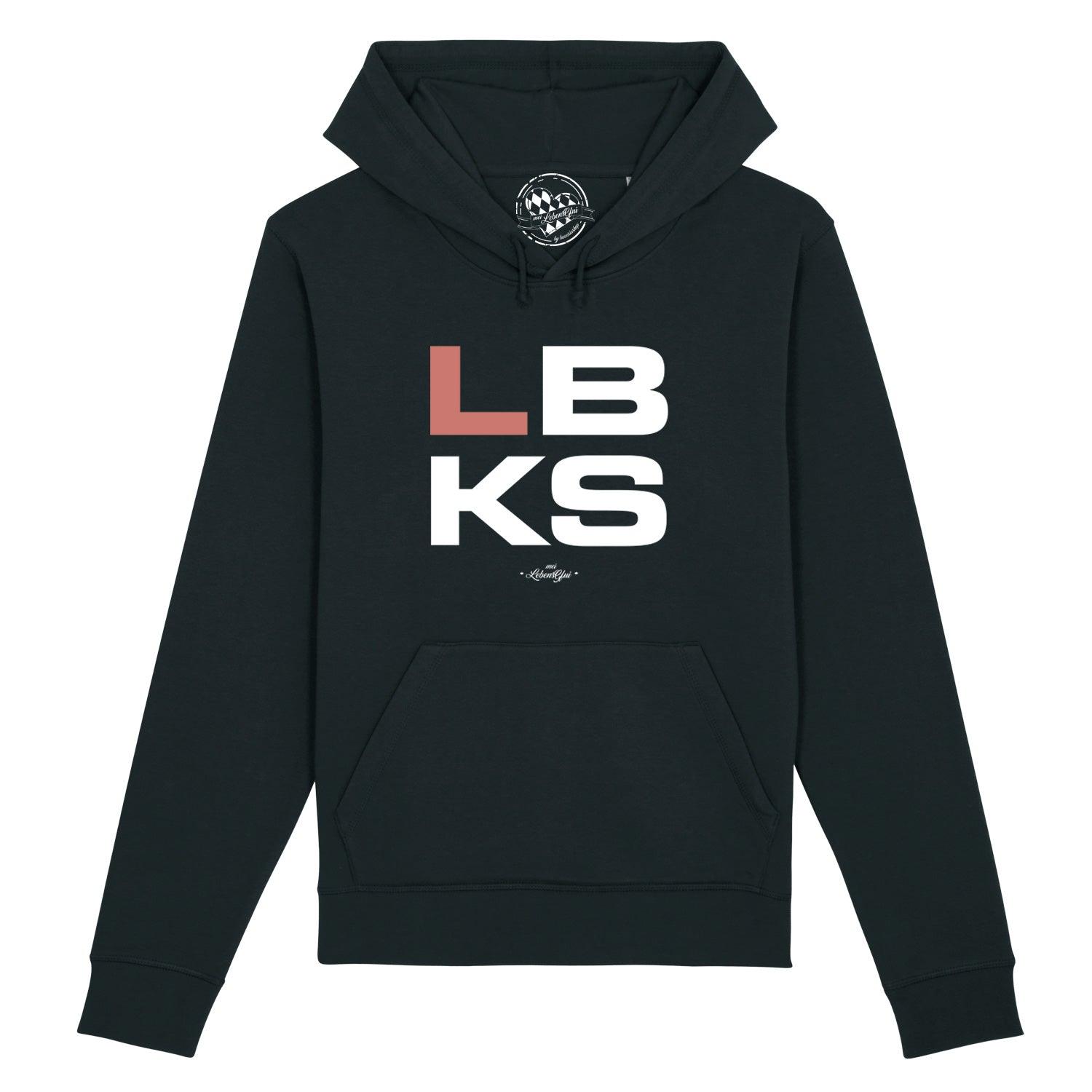 Herren Hoodie "LBKS" in Schwarz mit auffälligem weißen und rotem Schriftzug, Kapuze und Kängurutasche.