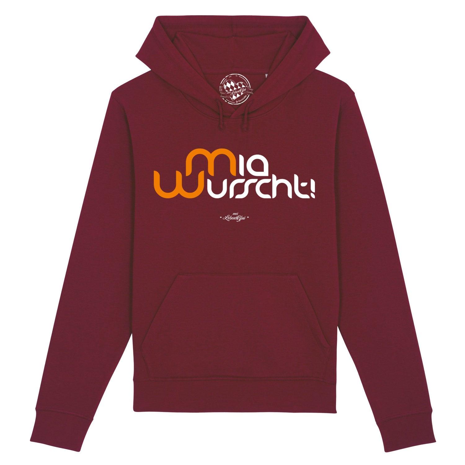 Herren Hoodie Mia Wurscht in dunklem Rot, vorne mit orange-weißem Schriftzug und Kängurutasche.