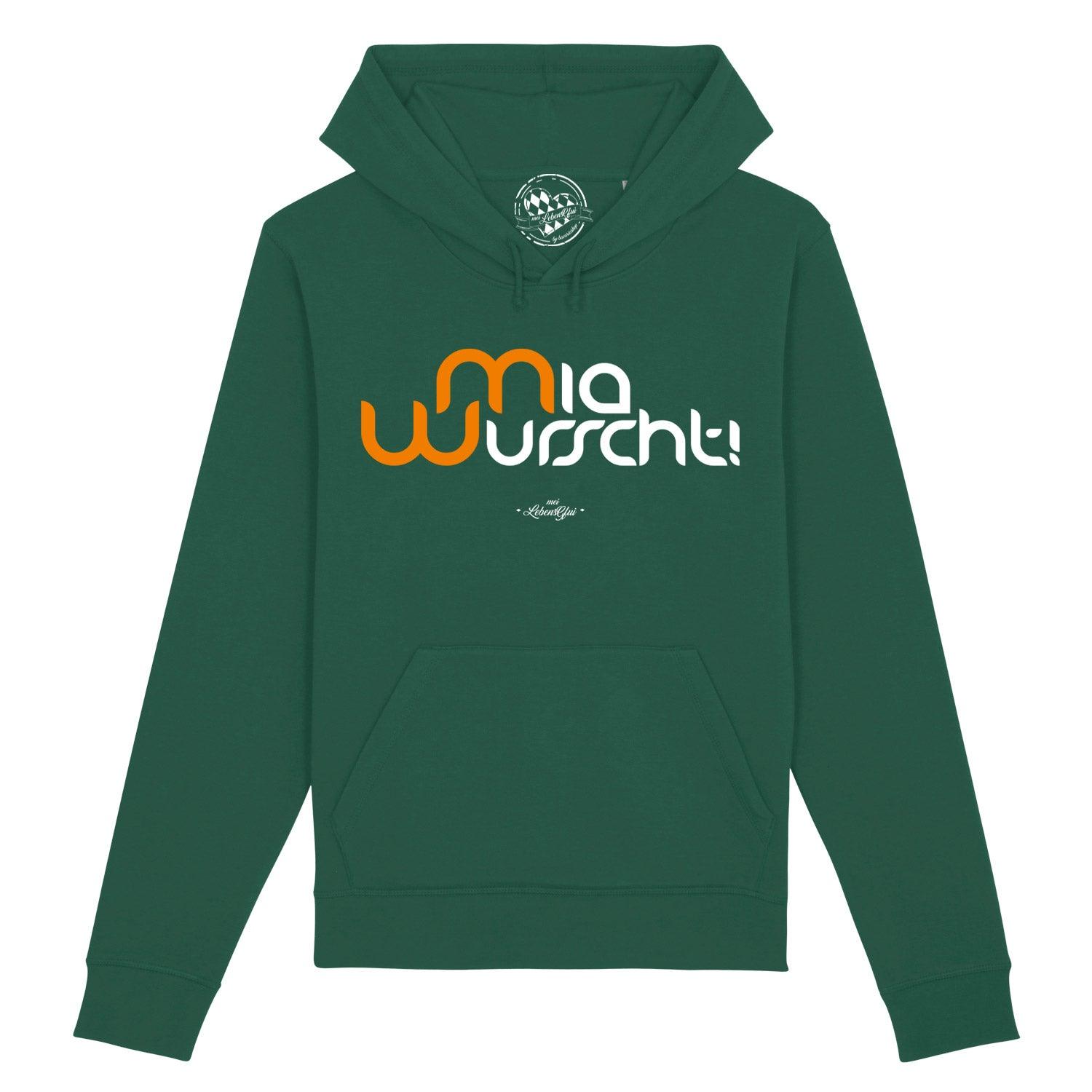Dunkelgrüner Herren Hoodie Mia Wurscht mit weißem und orangem Schriftzug, Kapuze und Bauchtasche.
