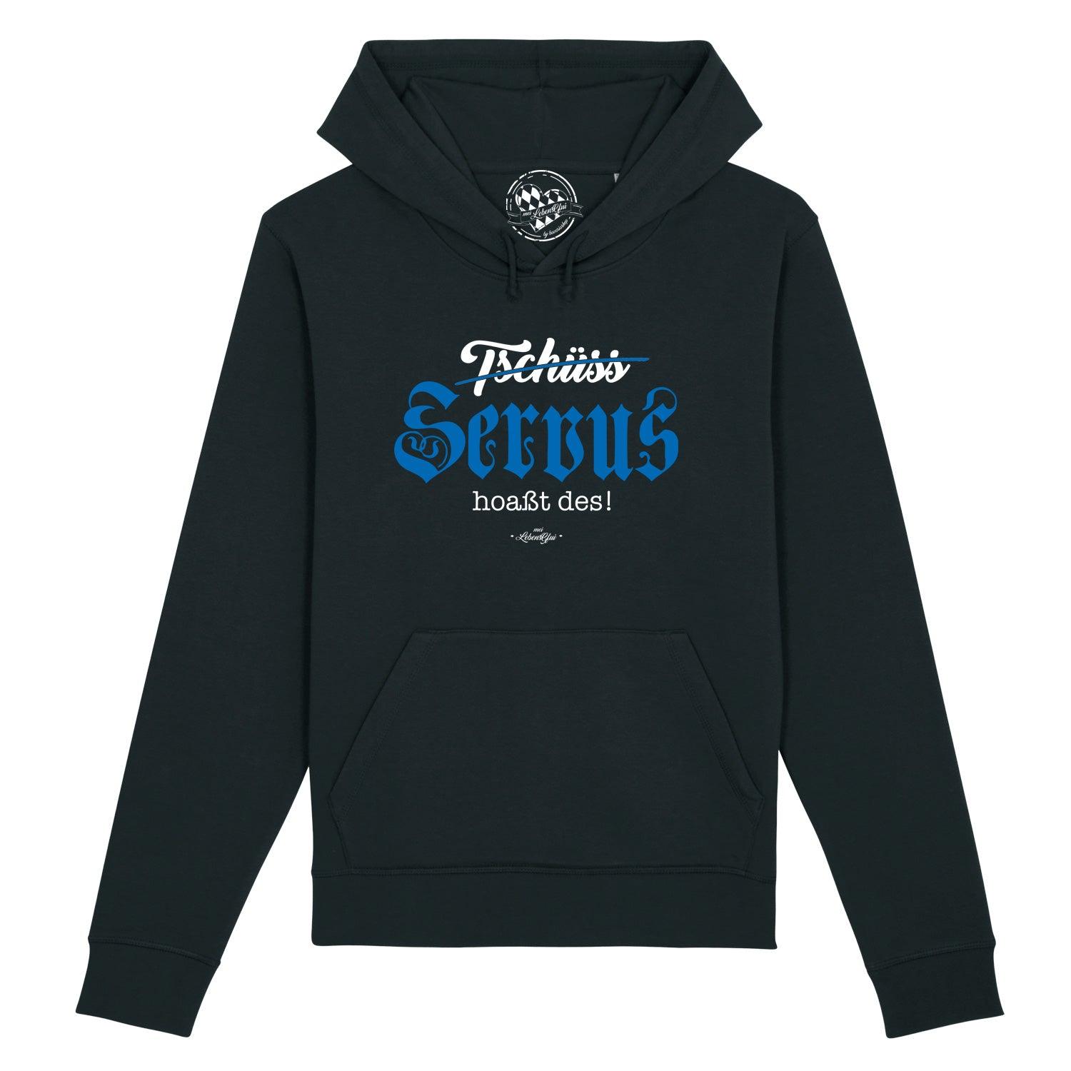 Dunkelblauer Herren Hoodie "Servus hoaßt des!" mit blau-weißem Schriftzug und Kapuze mit Kordelzug.