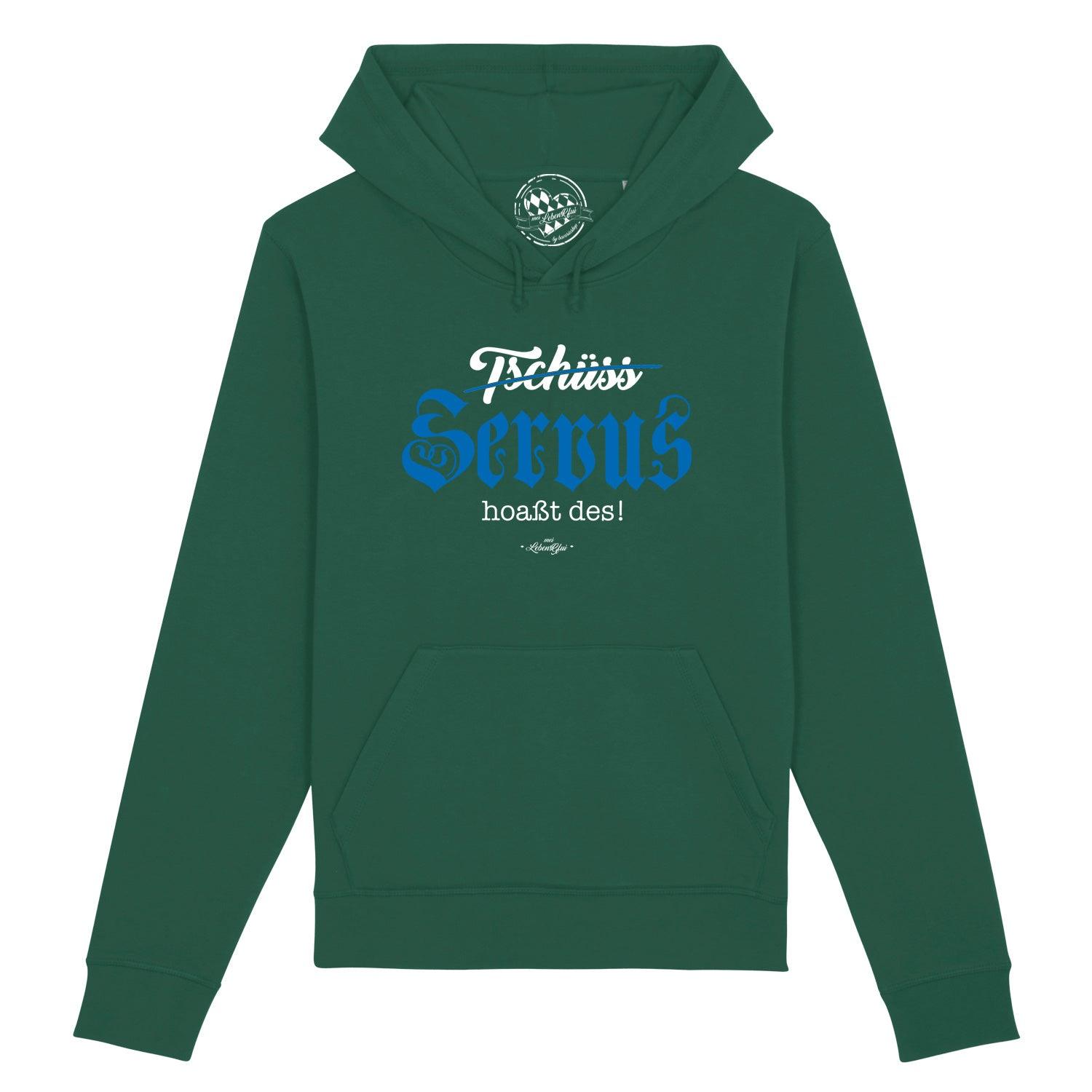 Grüner Herren Hoodie "Servus hoaßt des!" mit blauem und weißem Schriftzug, Kapuze und Kängurutasche.