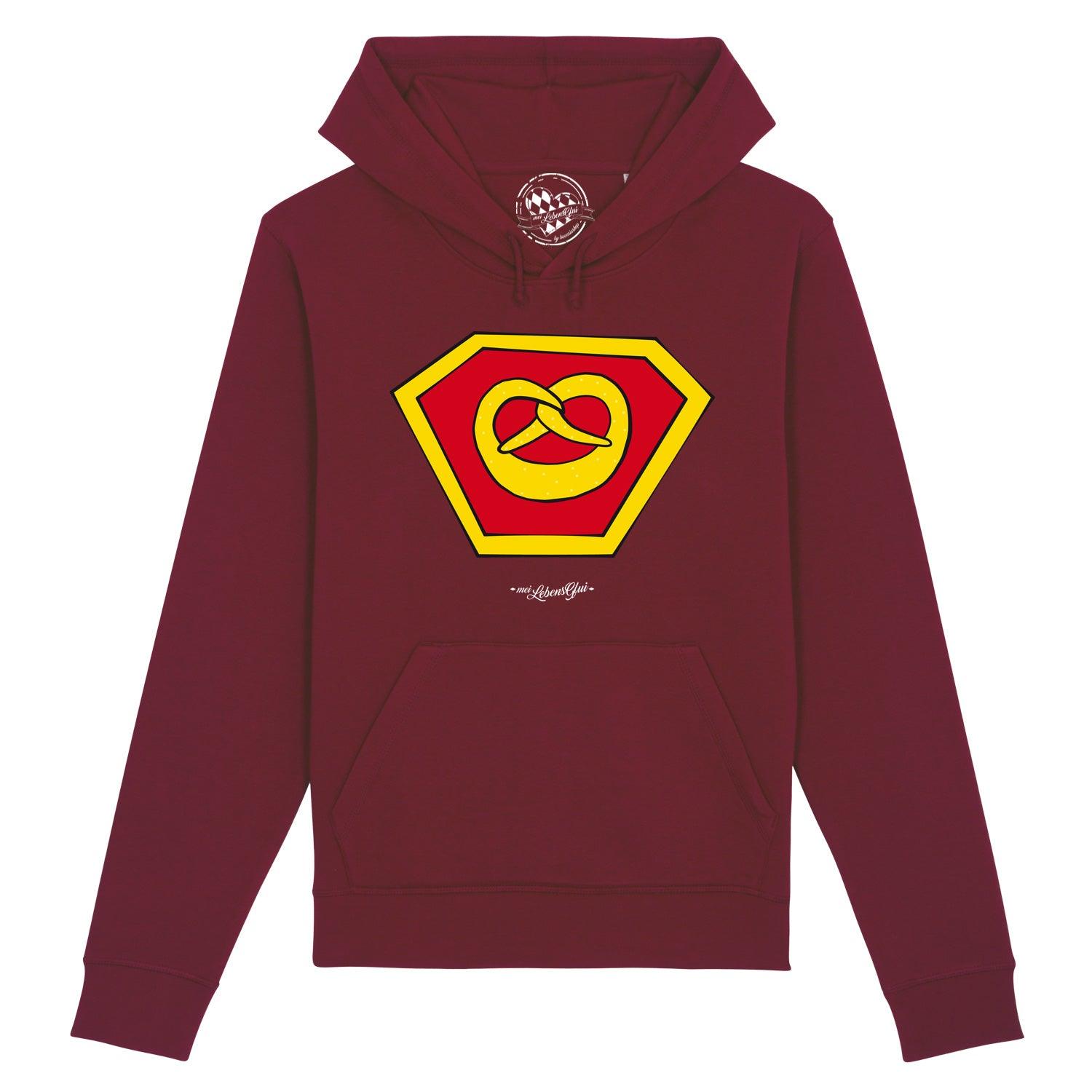 Herren Hoodie "Super-Brezn" in Dunkelrot mit gelb-rotem Superhelden-Logo und Brezelmotiv auf der Brust