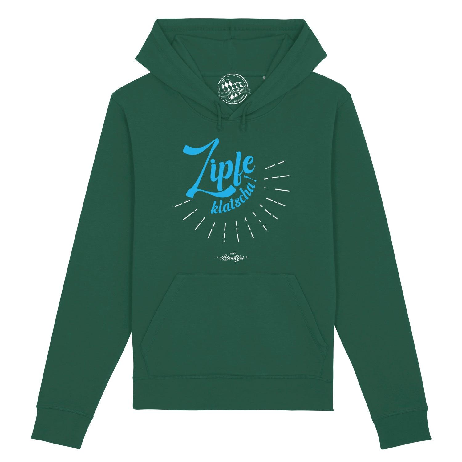 Dunkelgrüner Herren Hoodie Zipfeklatscha mit hellblauem Schriftzug, Kapuze und Bauchtasche.