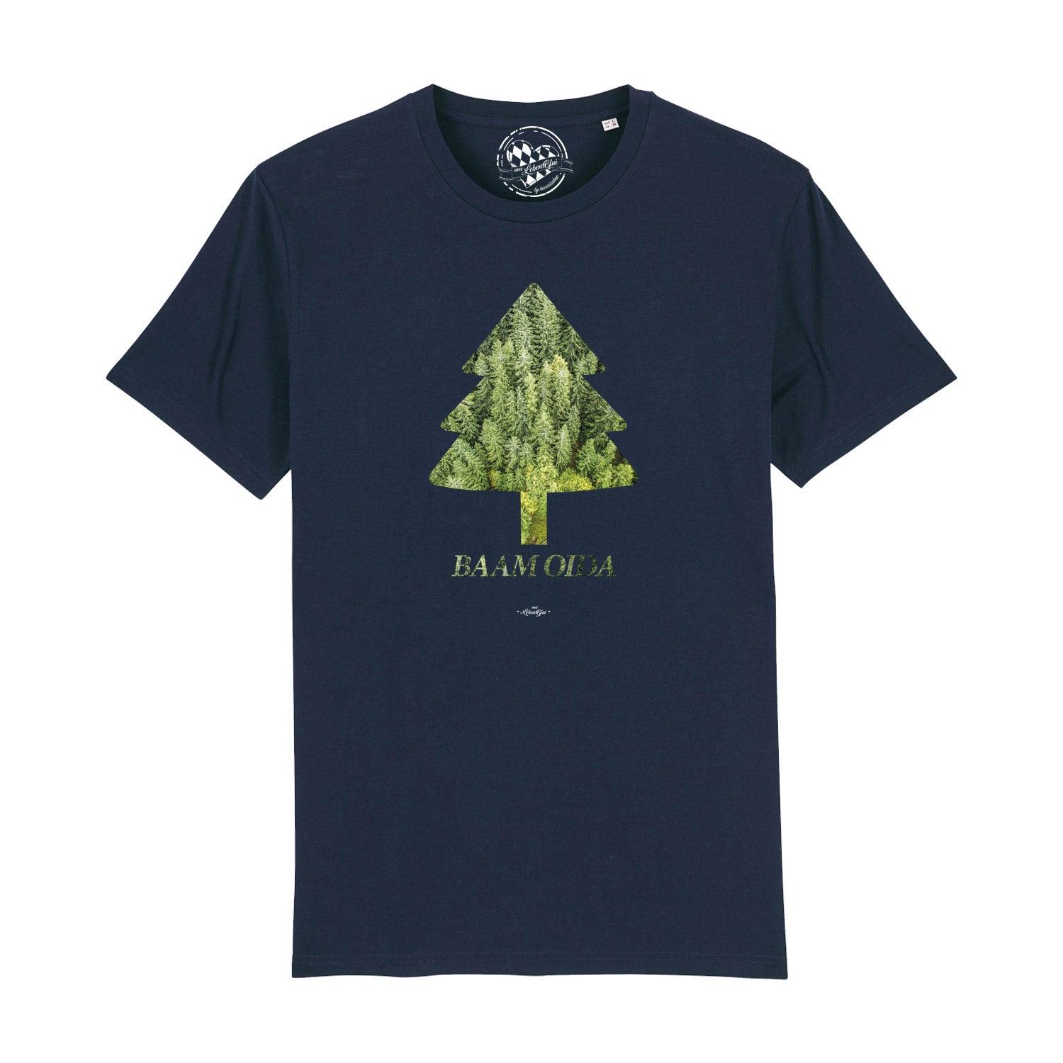 Dunkelblaues Herren T-Shirt BAAM OIDA mit Waldmotiv in Tannenbaumform und weißem Label im Nackenbereich.