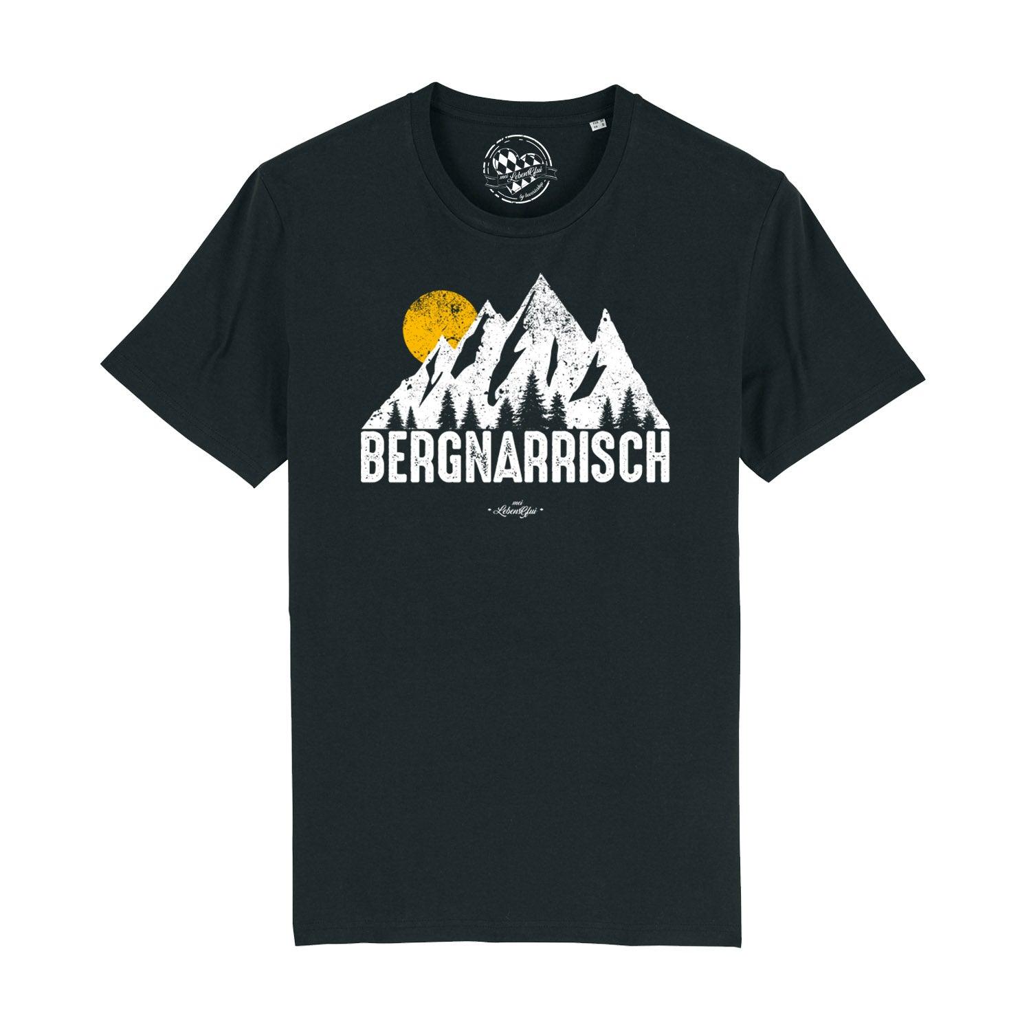 Herren T-Shirt Bergnarrisch in Schwarz mit weißem Bergmotiv, gelber Sonne und Schriftzug, aus Bio-Baumwolle.