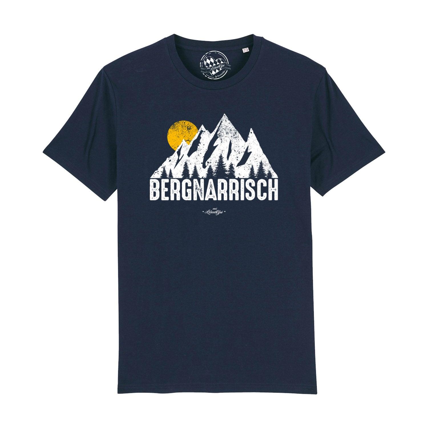 Dunkelblaues Herren T-Shirt "Bergnarrisch" mit weißem Bergmotiv, gelber Sonne und kleiner Schrift