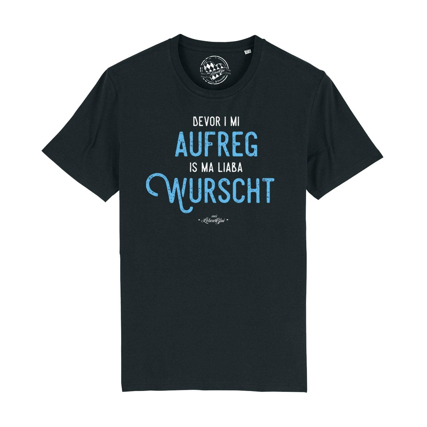 Herren T-Shirt "Bevor i mi aufreg..." in Schwarz mit blauem Spruch-Print, lässigem Schnitt und Rundhalsausschnitt.