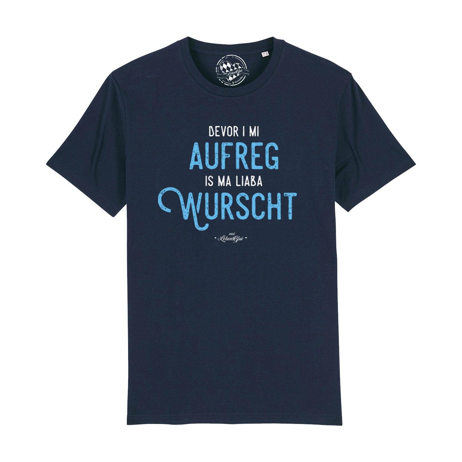 Männer T-Shirt Bevor i mi aufreg... in Dunkelblau mit weißem und hellblauem Schriftzug