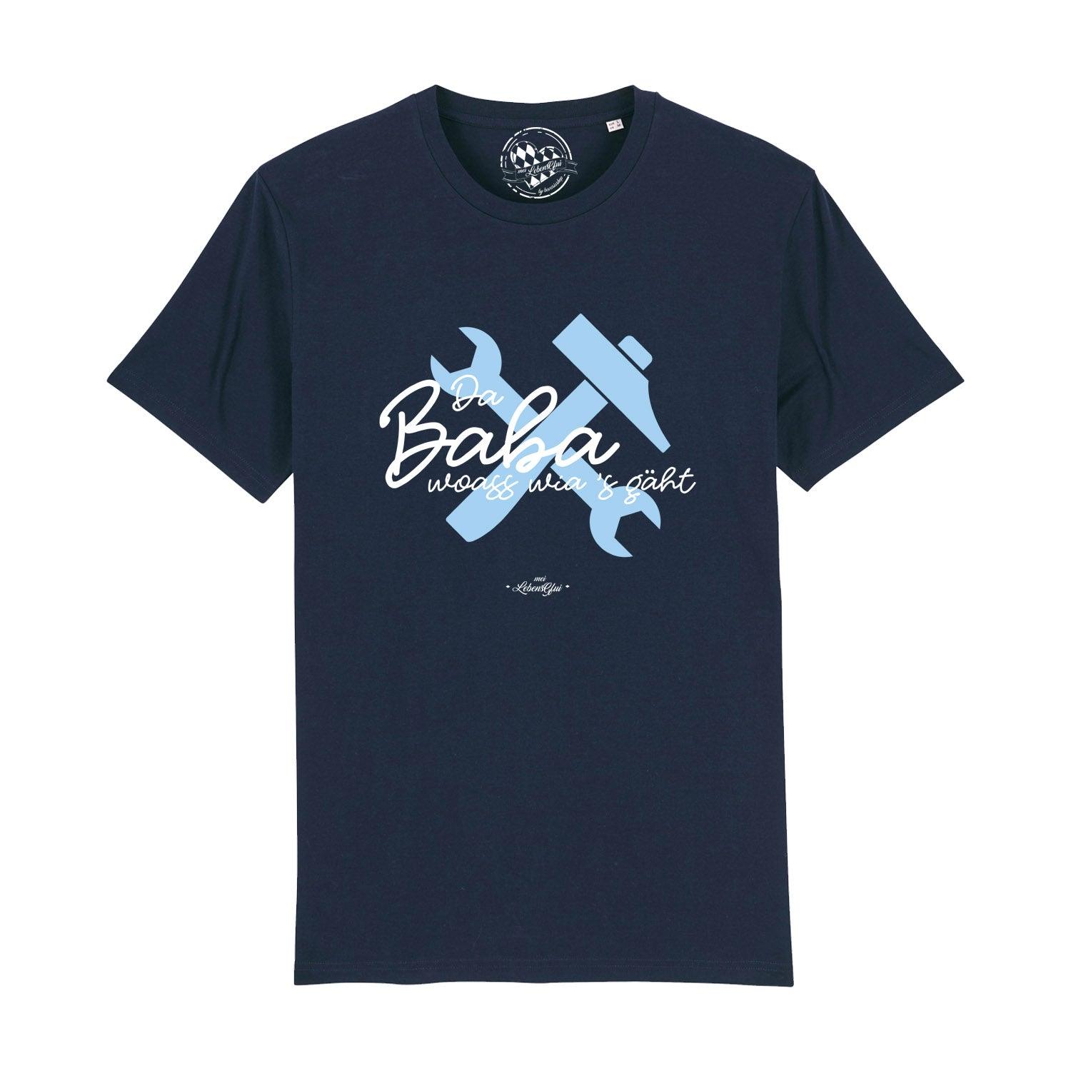 Marineblaues Herren T-Shirt Da Baba woass wia's gäht mit hellblauem Schraubenschlüssel und Hammer-Design.