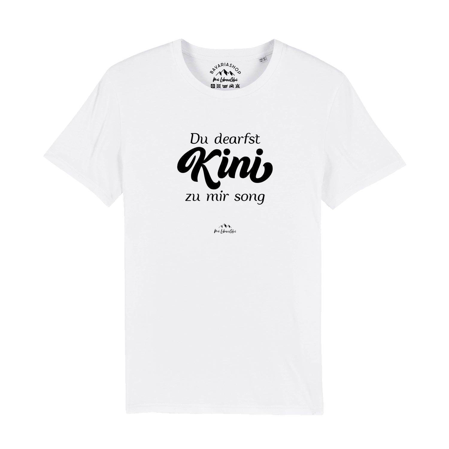 Weißes Herren T-Shirt Du dearfst Kini zu mir sogn mit schwarzem Aufdruck und Kurzarm Design.