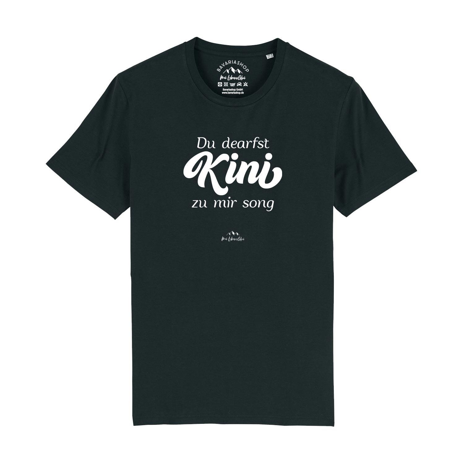 Schwarzes Herren T-Shirt "Du dearfst Kini zu mir sogn" mit weißem Schriftzug und kurzem Arm.