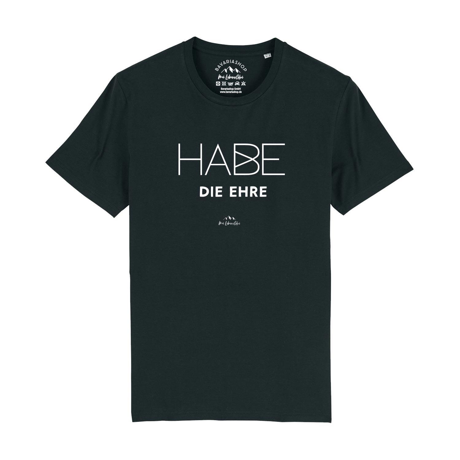 Schwarzes Herren T-Shirt "Habe die Ehre" mit weißem Schriftzug auf der Brust und kleinem Bergmotiv.