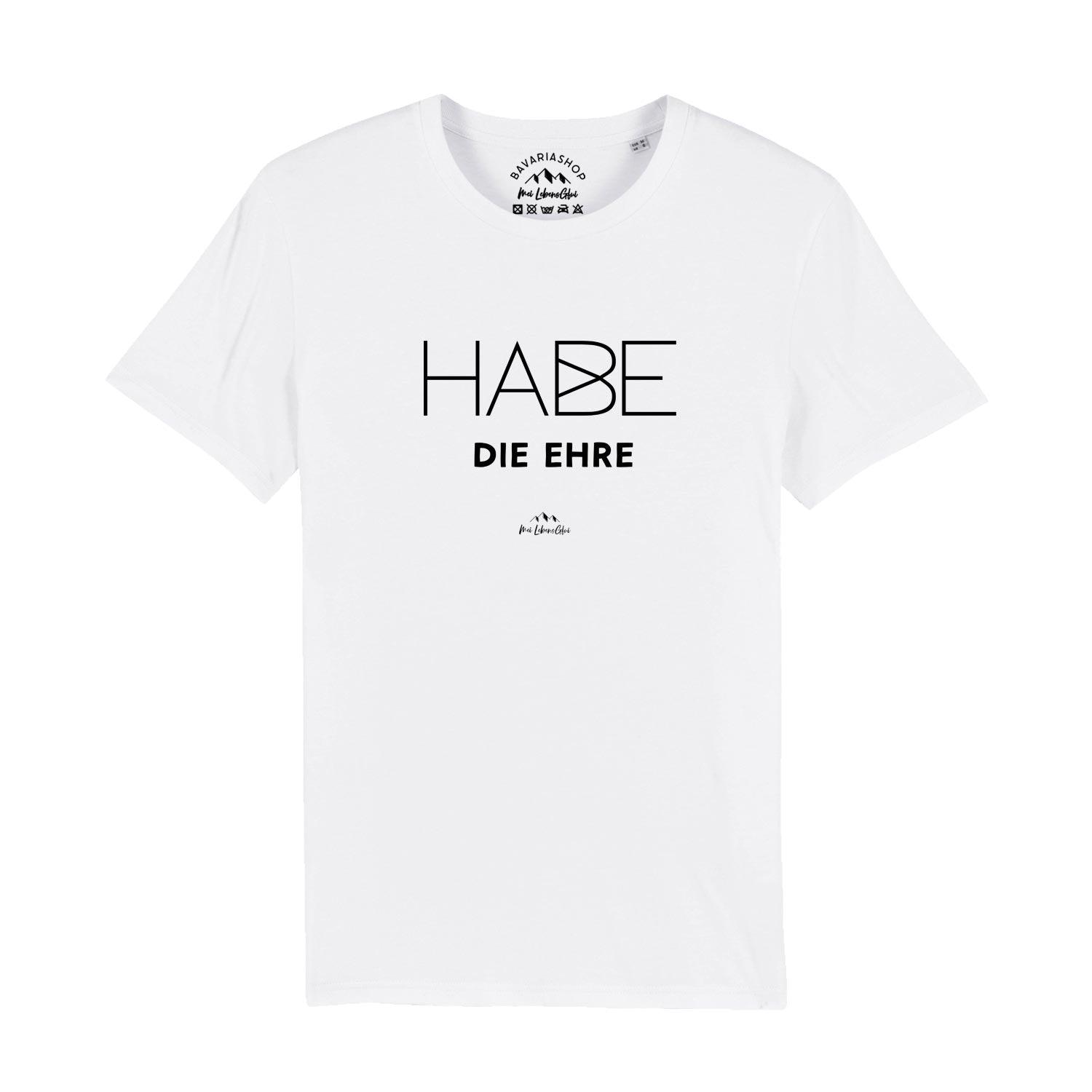 Weißes Herren T-Shirt "Habe die Ehre" mit minimalistischem schwarzem Textdruck und Bergsymbolen, lässiger Freizeitlook.