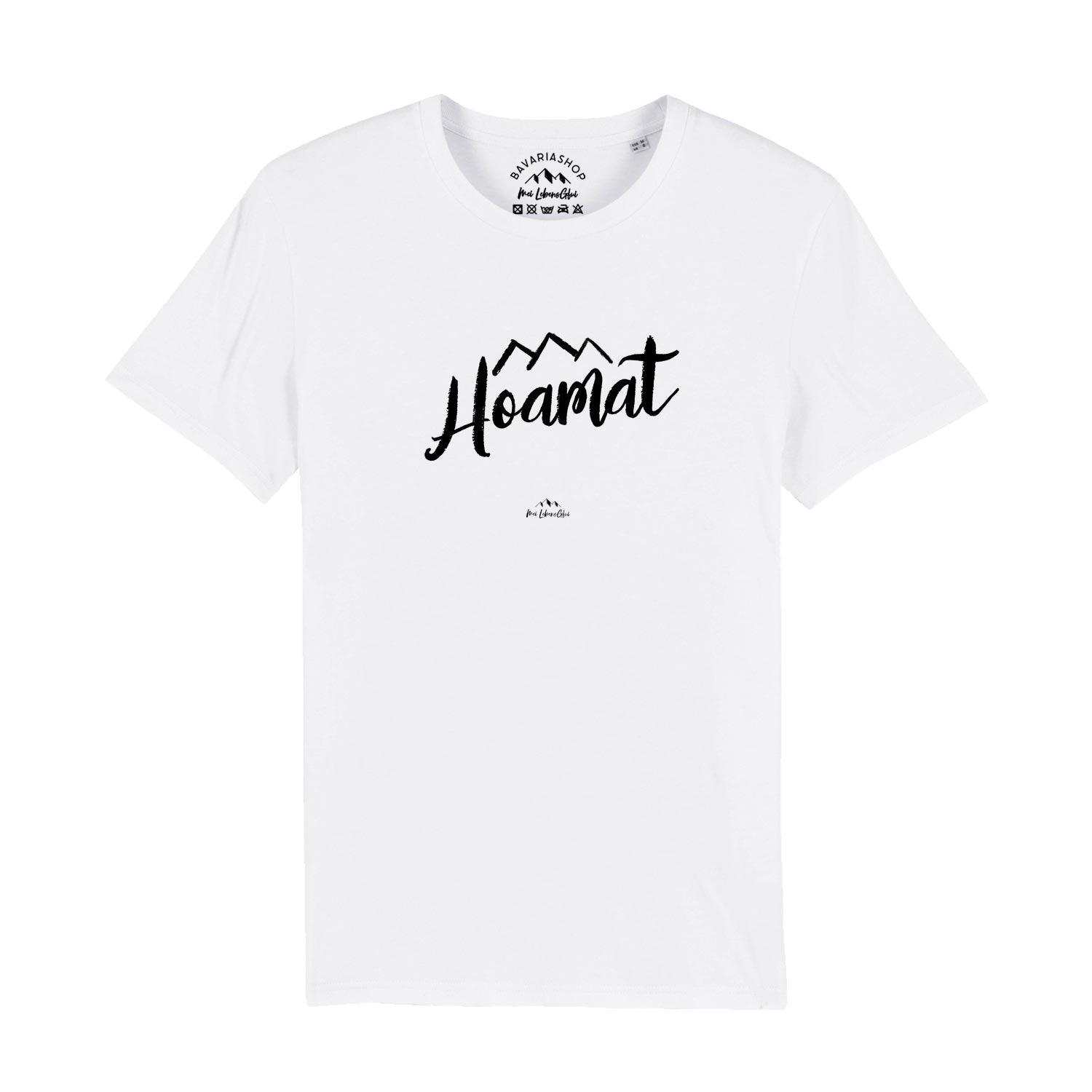 Weißes Herren T-Shirt Hoamat mit schwarzem Schriftzug und Bergmotiv, weiche Bio-Baumwolle