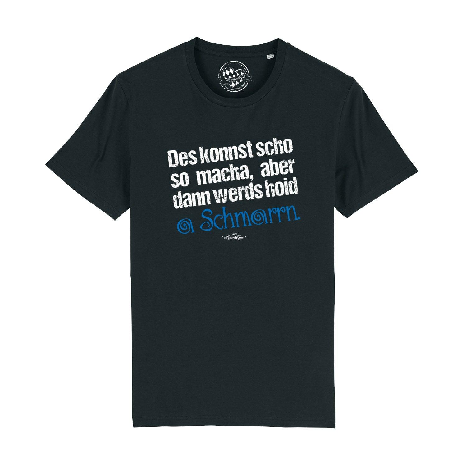 Schwarzes Herren T-Shirt "Konnst scho so macha" mit weiß-blauem Spruch-Print auf der Vorderseite, Freizeitmode.