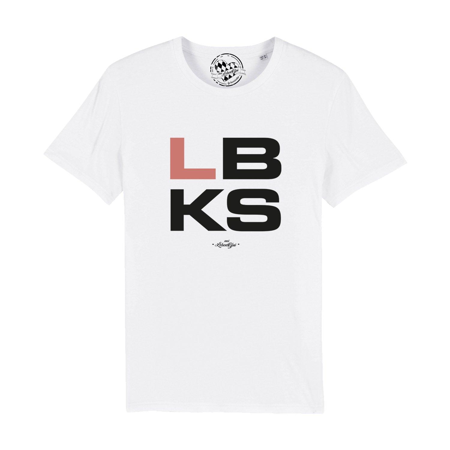 Weißes Herren T-Shirt "LBKS" mit großem, markantem rot-schwarzem Logo und Rundhalsausschnitt.