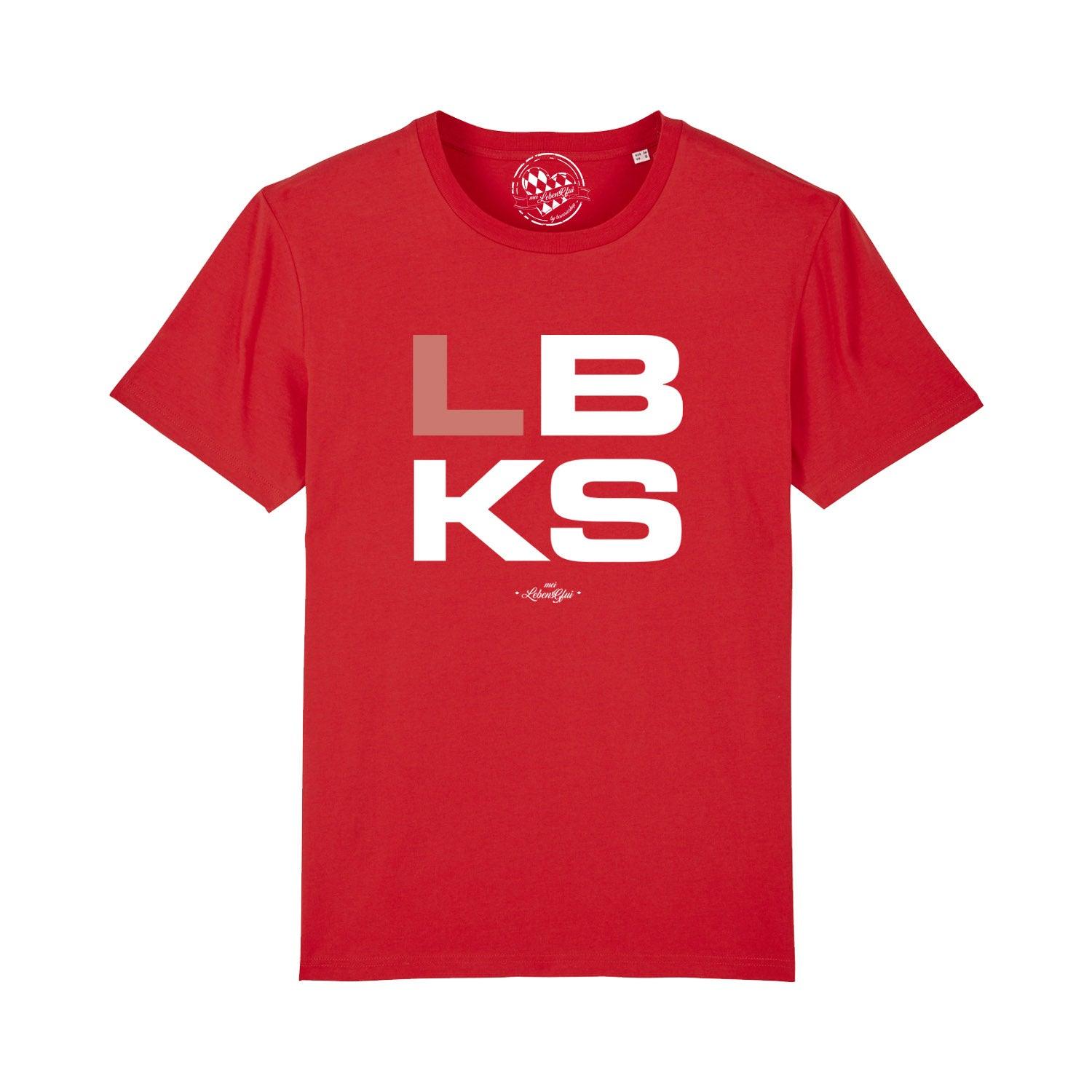 Rotes Herren T-Shirt LBKS mit großem, weiß-grauem Logo-Print auf der Vorderseite, klassischer Schnitt.