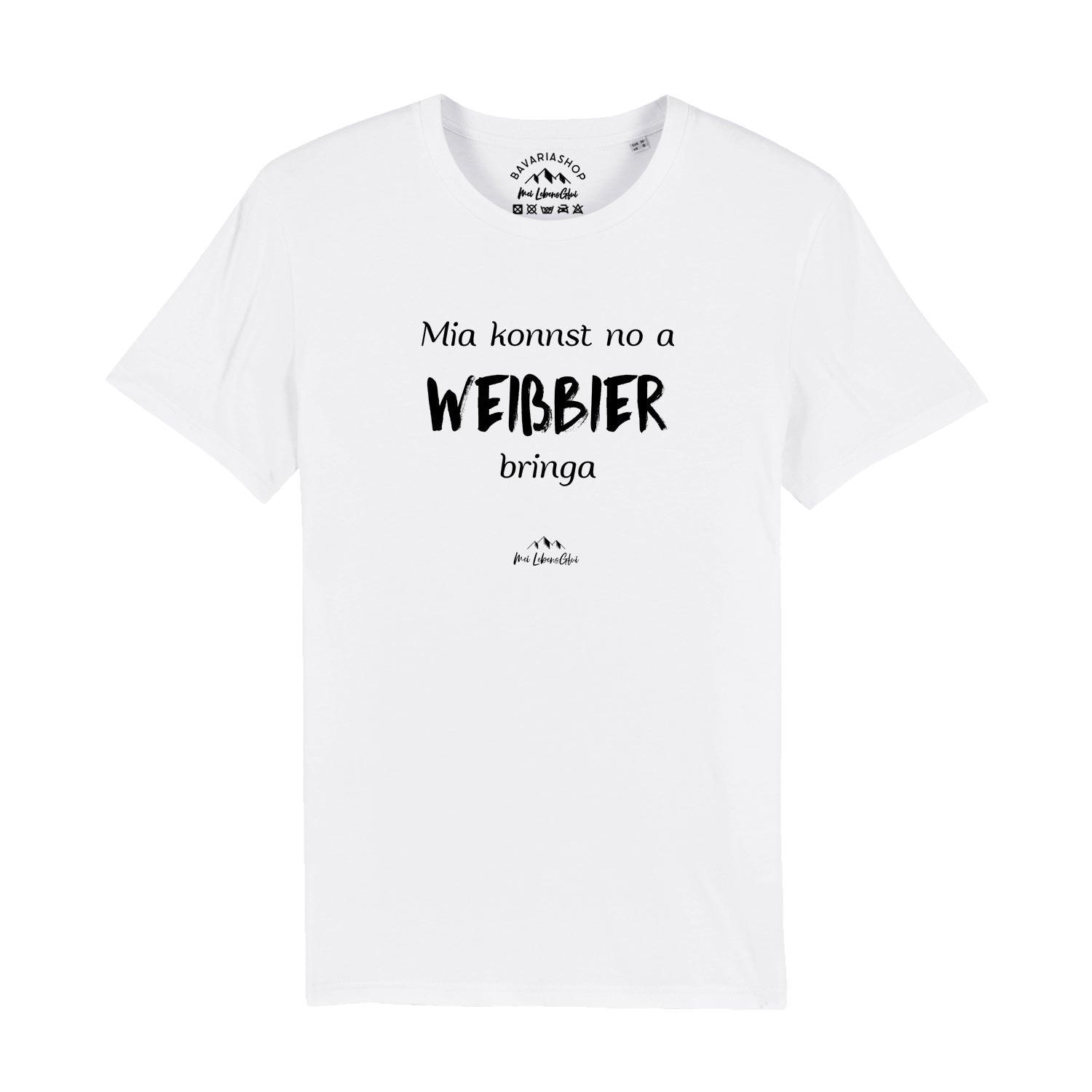 Herren T-Shirt Mia konnst no a Weißbier bringa in Weiß mit schwarzem bayerischem Spruch.
