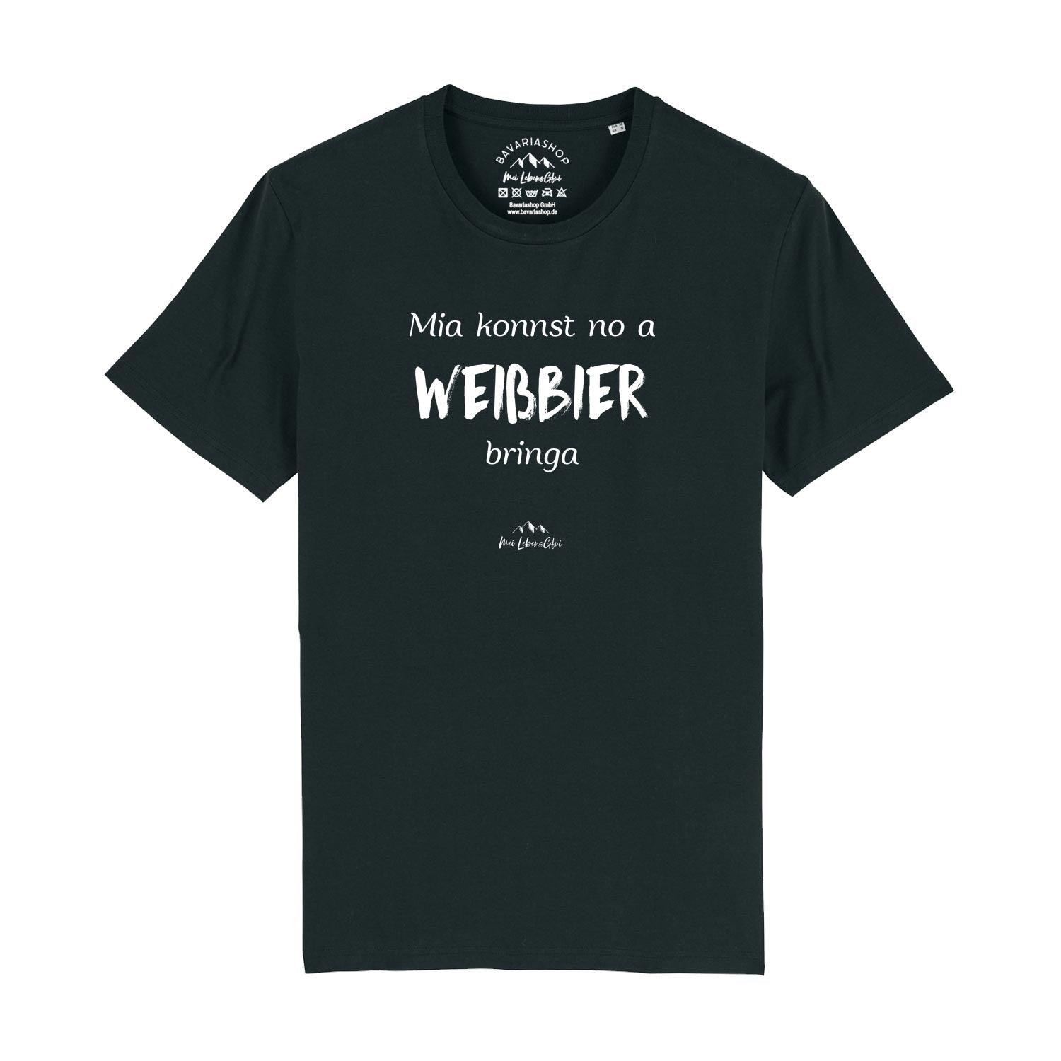 Schwarzes Herren T-Shirt "Mia konnst no a Weißbier bringa" mit weißem bayerischen Spruch und Label.