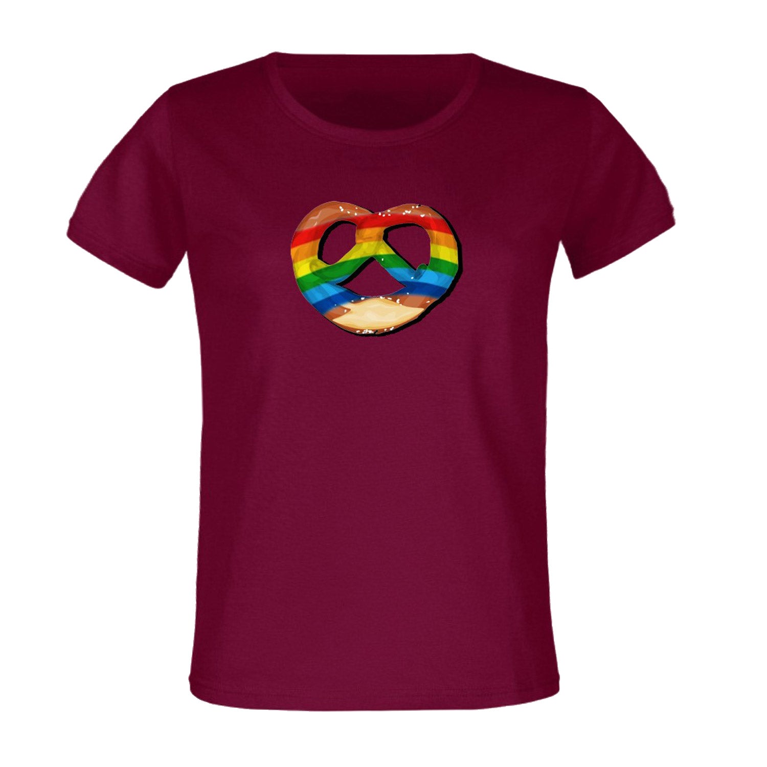Herren T-Shirt Regenbogen-Brezn in Bordeauxrot mit bunter Brezel als Aufdruck und Salzstreusel.