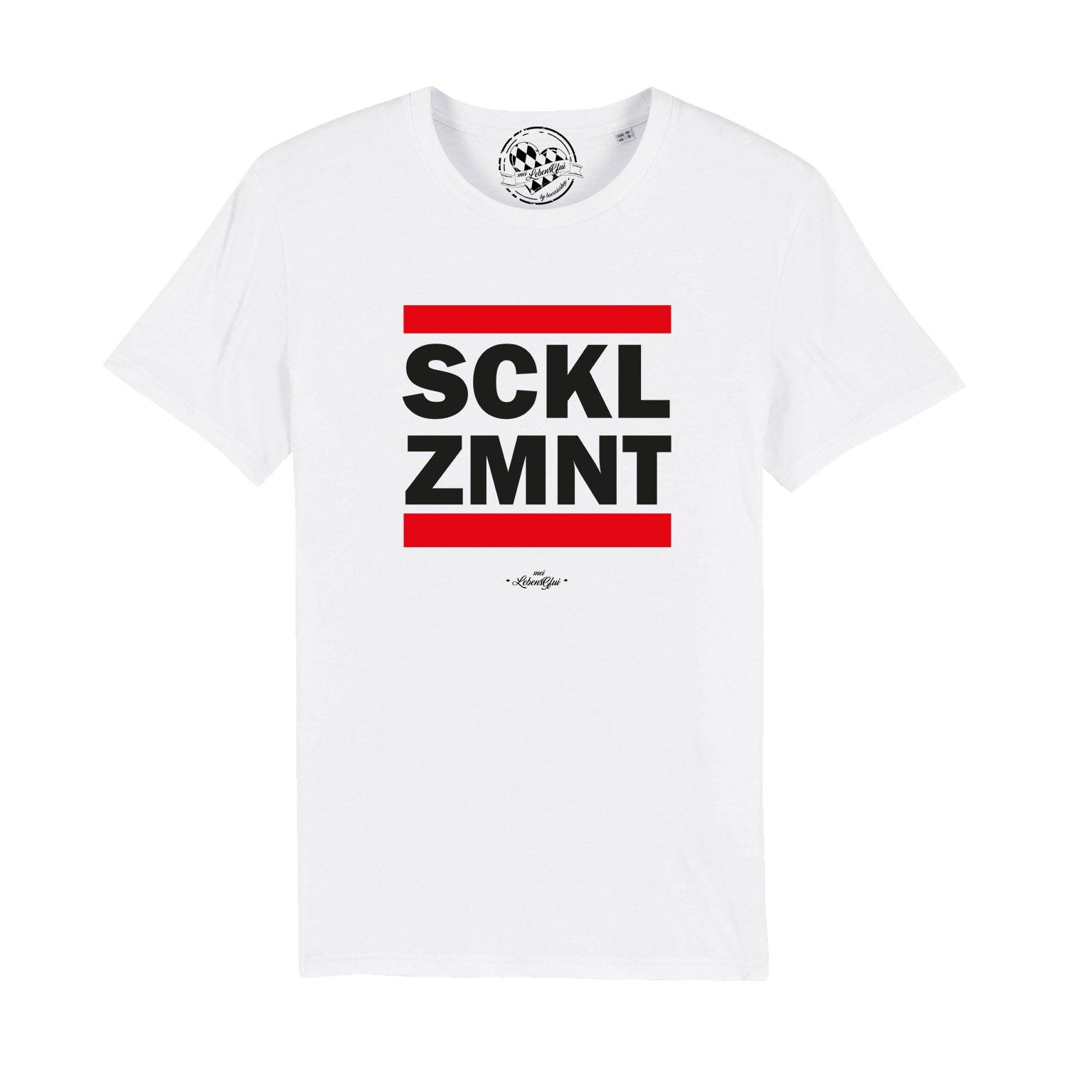 Weißes Herren T-Shirt Sacklzement mit rotem Streifen und schwarzer Aufschrift, mittig platziert.