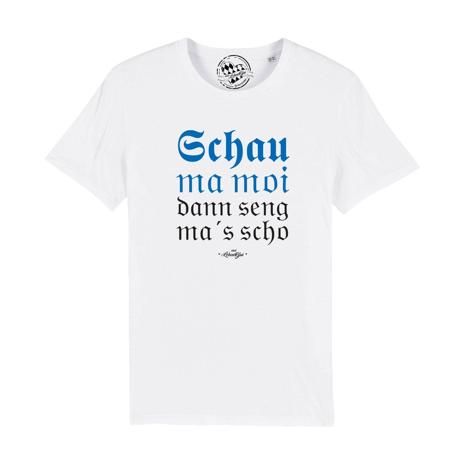 Weißes Herren T-Shirt "Schau ma moi" mit bayerischem Spruch in blauer und schwarzer Schrift.