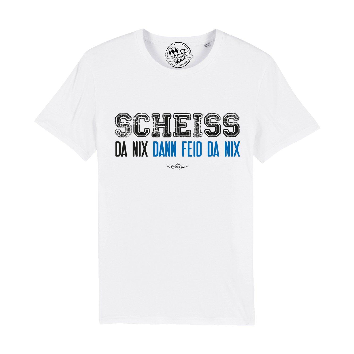 Weißes Herren T-Shirt "Scheiß da nix" mit schwarzem und blauem Aufdruck auf der Brust.