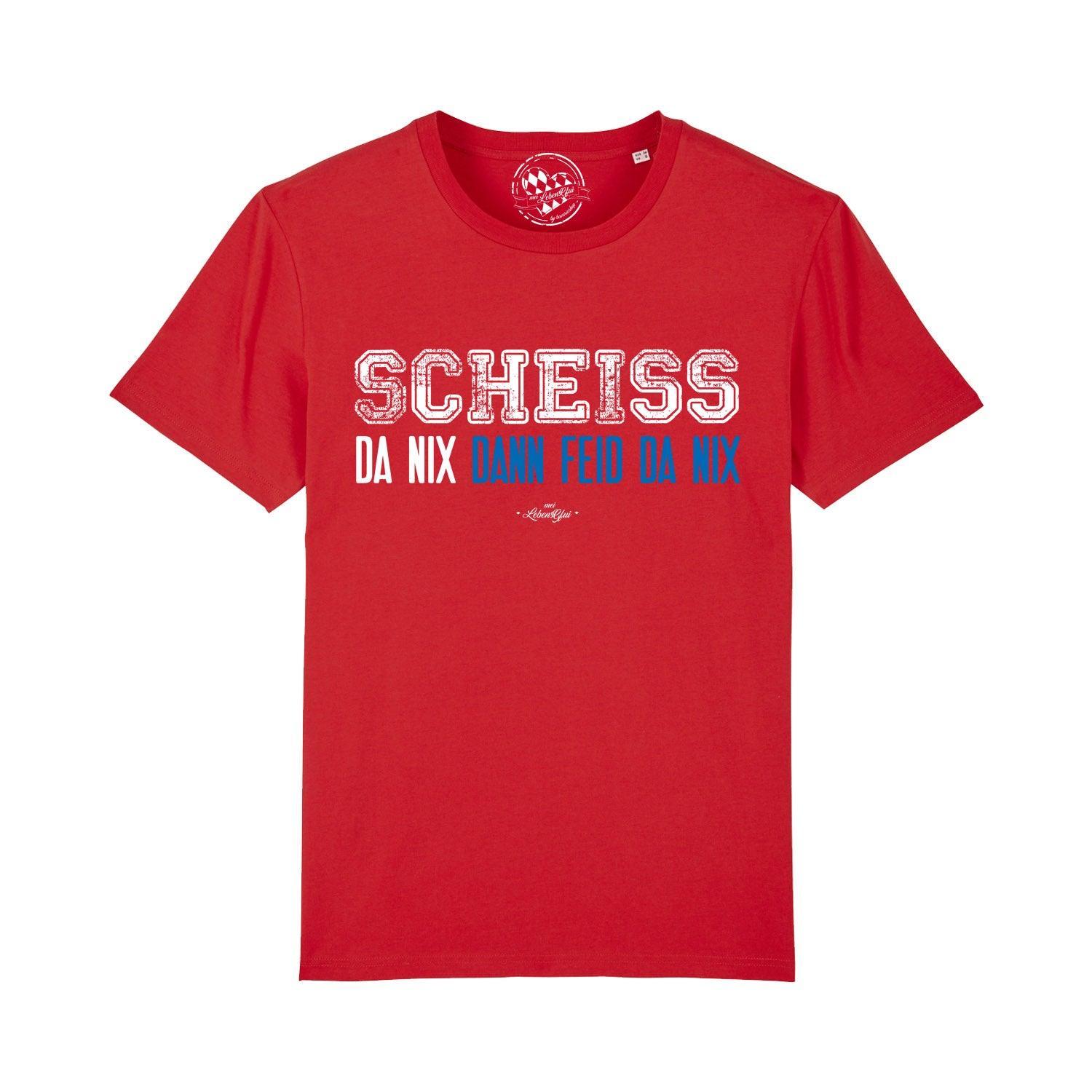 Rotes Herren T-Shirt "Scheiß da nix" mit weißem und blauem Aufdruck in Used-Optik.