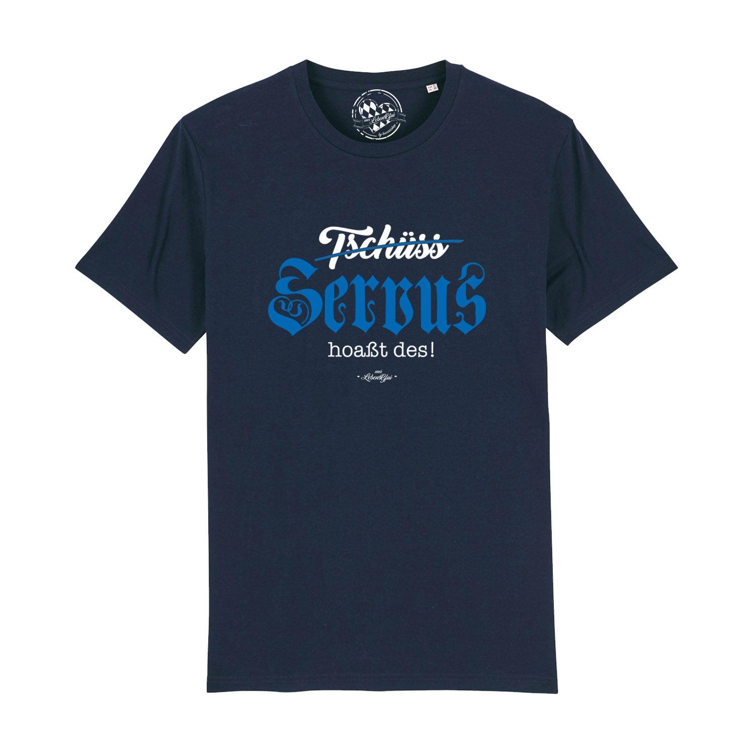 Dunkelblaues Herren T-Shirt Servus hoaßt des! mit weiß-blauem bayerischem Schriftzug, lockerer Passform