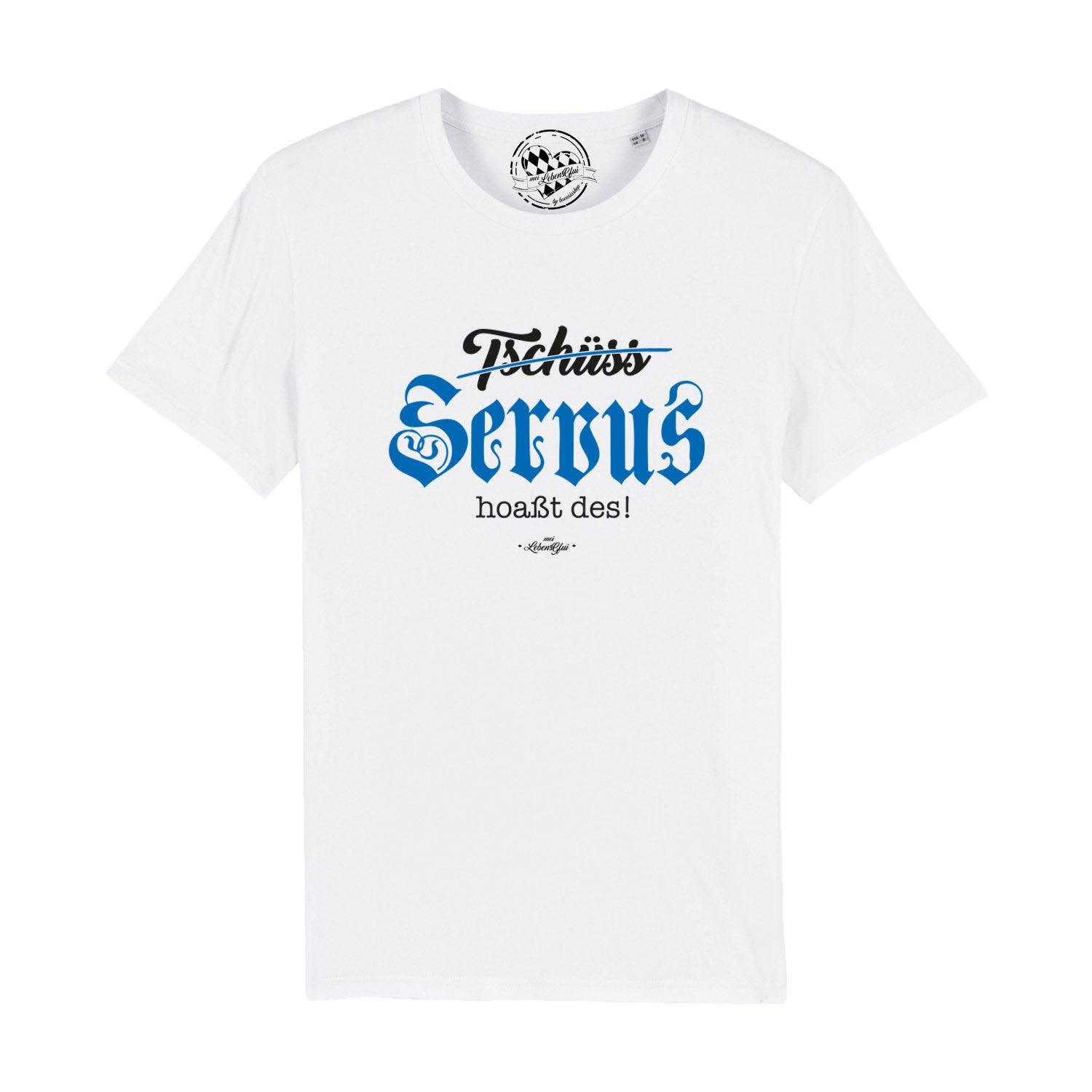 Weißes Herren T-Shirt "Servus hoaßt des!" mit schwarzem und blauem Schriftzug, Kurzarm, Rundhals.