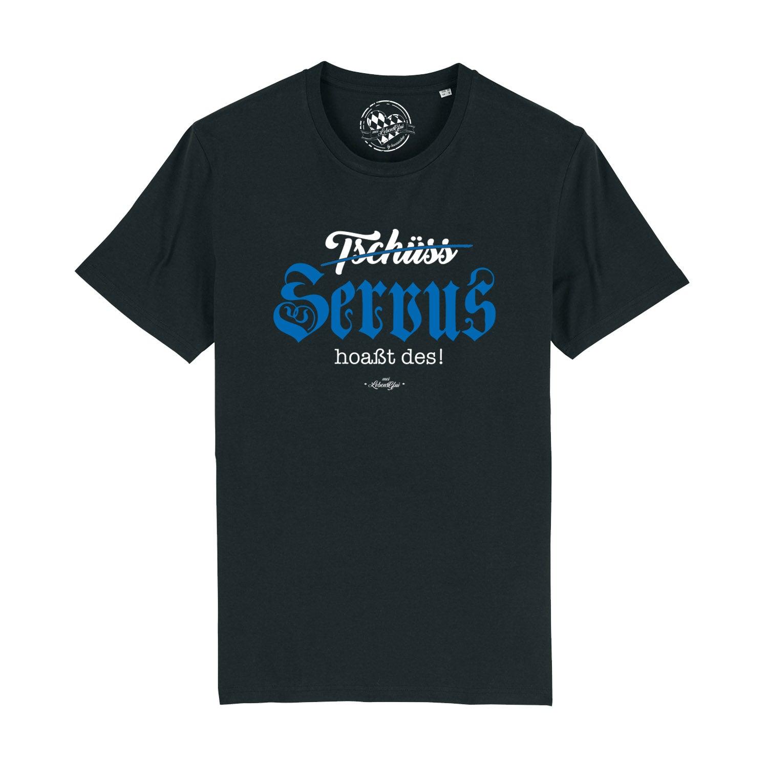 Schwarzes Herren T-Shirt "Servus hoaßt des!" mit weißem und blauem bayerischem Schriftzug auf der Brust.