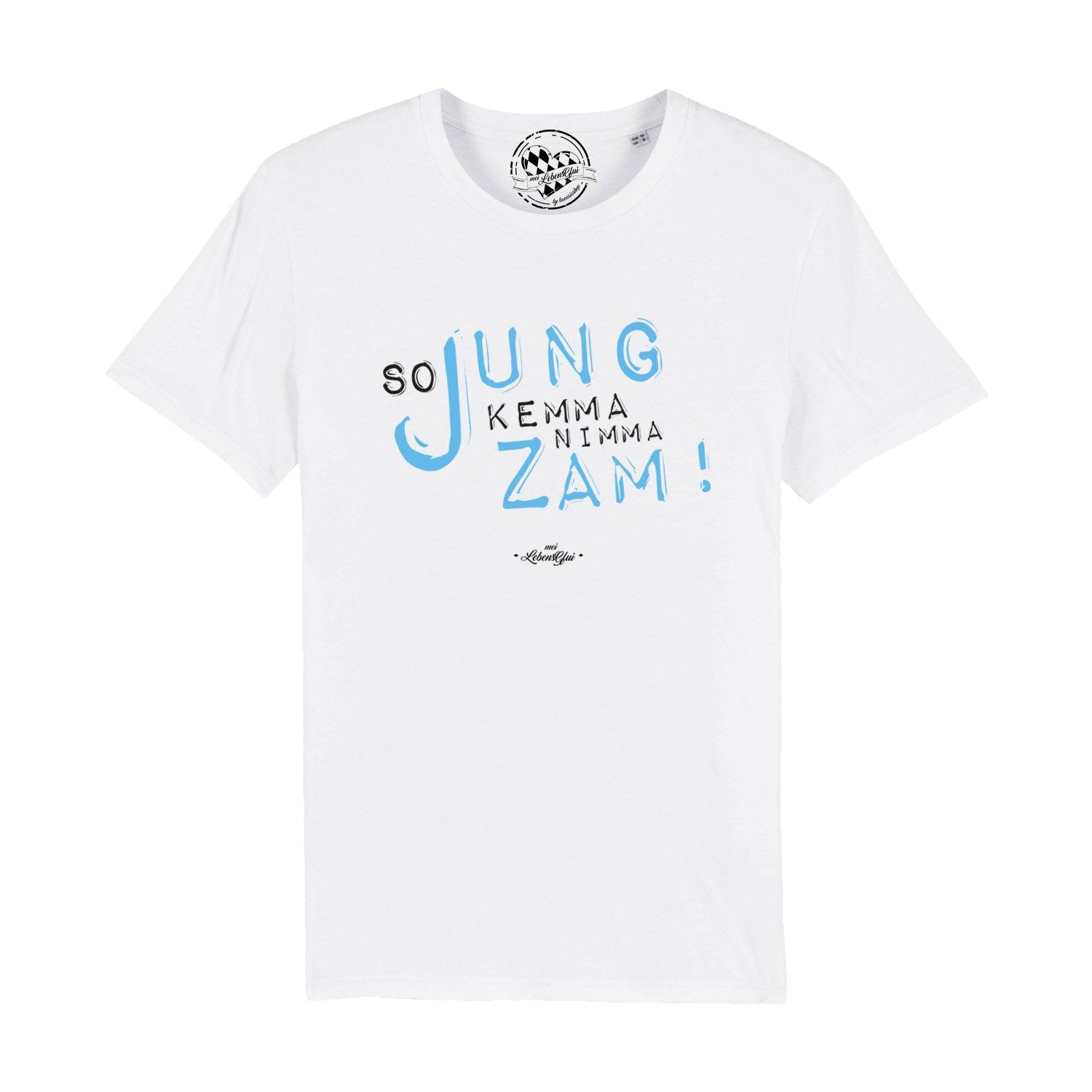 Herren T-Shirt So jung weiß mit blauem und schwarzem Schriftzug So jung kemma nimma zam!
