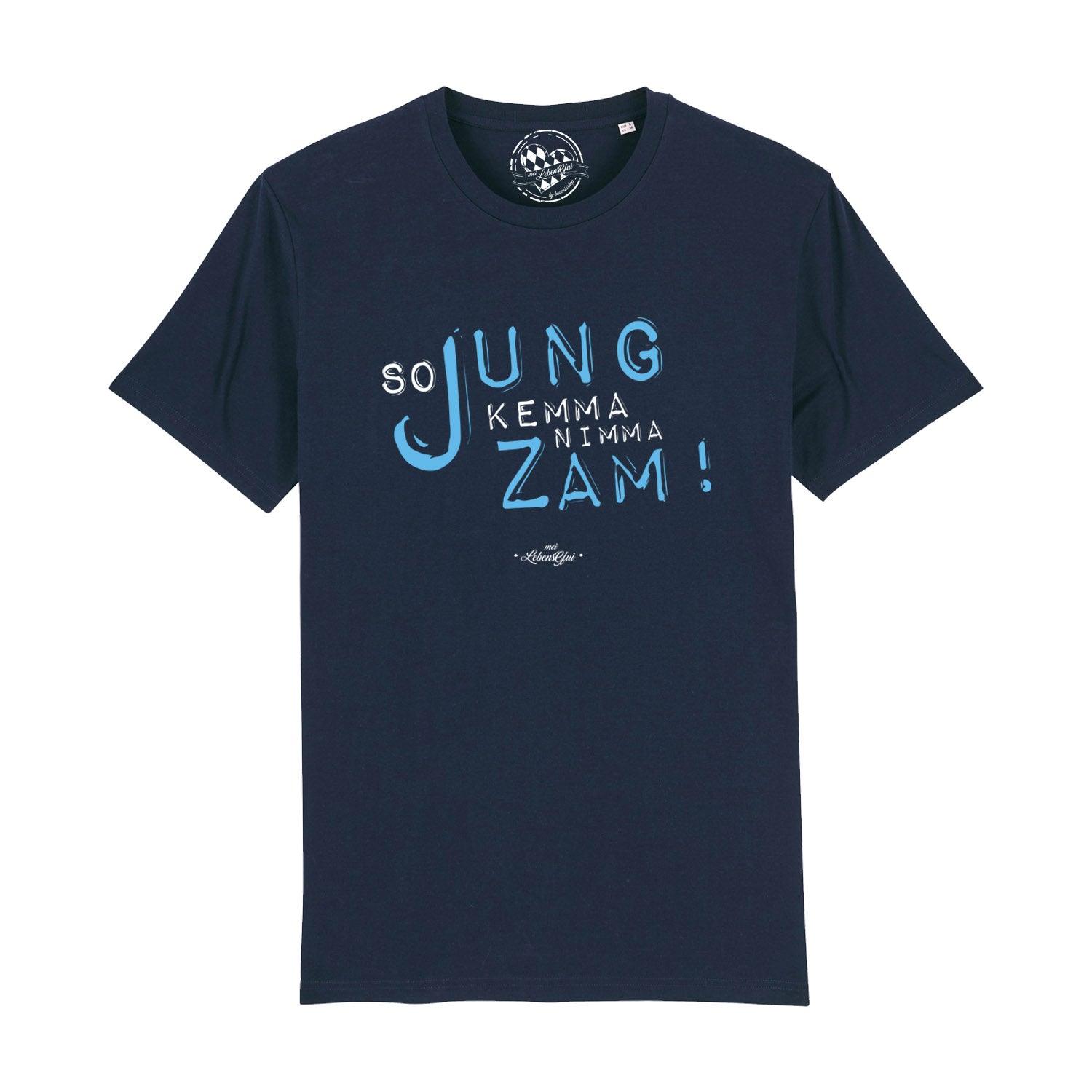 Dunkelblaues Herren T-Shirt So jung mit hellem Druck. Modernes Kurzarmshirt für Männer mit Witz.