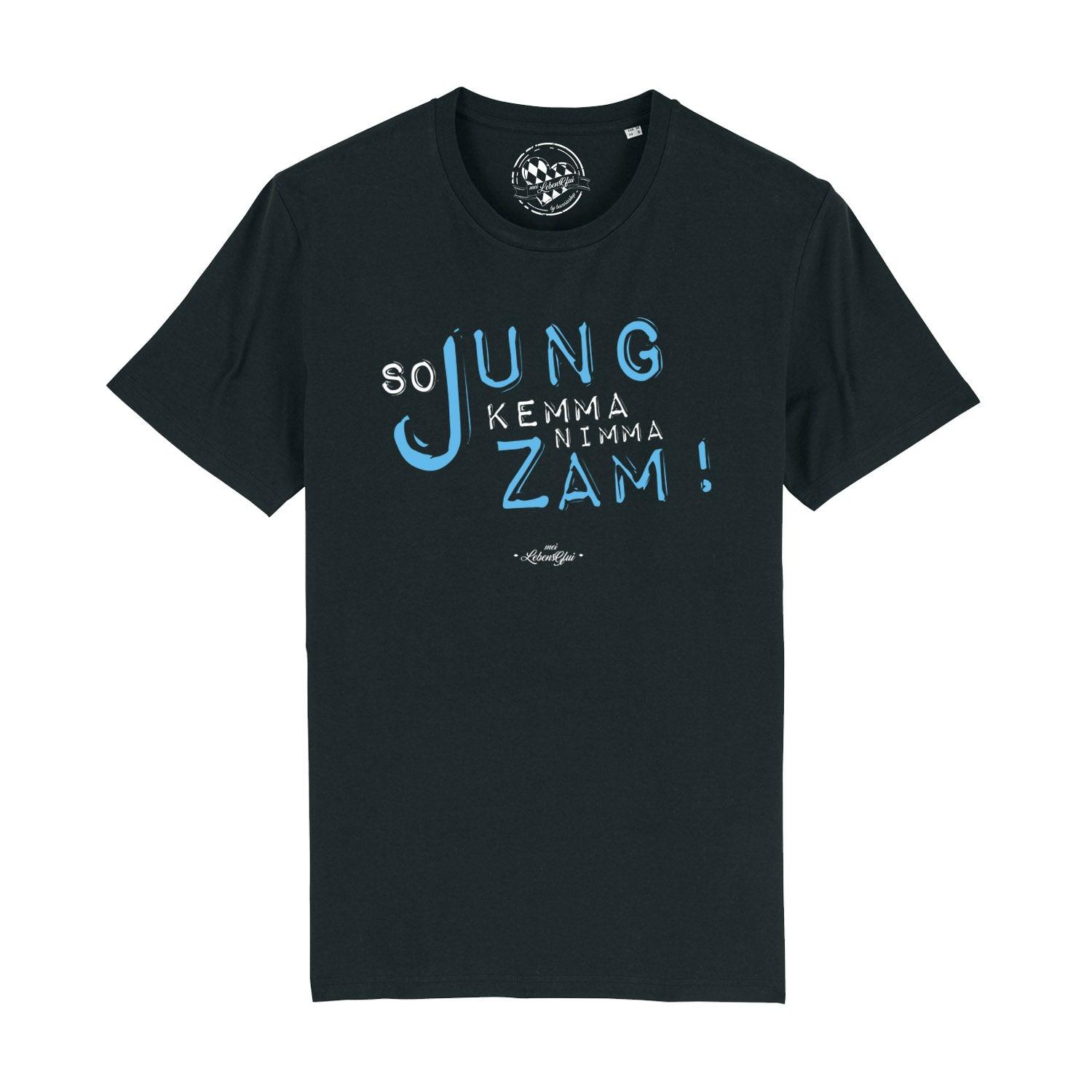 Schwarzes Herren T-Shirt "So jung" mit blau-weißem Statement-Print zum Thema Lebensfreude, leger und modern.