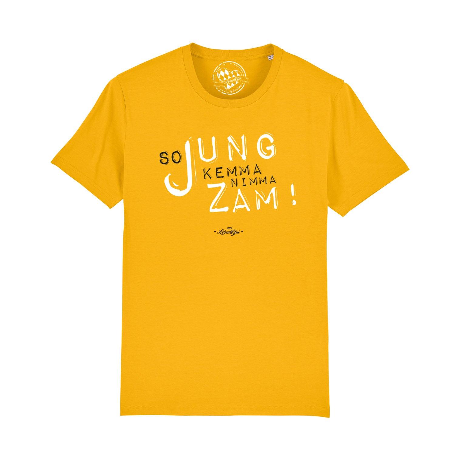 Gelbes Herren T-Shirt So jung mit schwarzem und weißem Aufdruck So Jung, Kemma Nimma Zam! im Frontbereich.