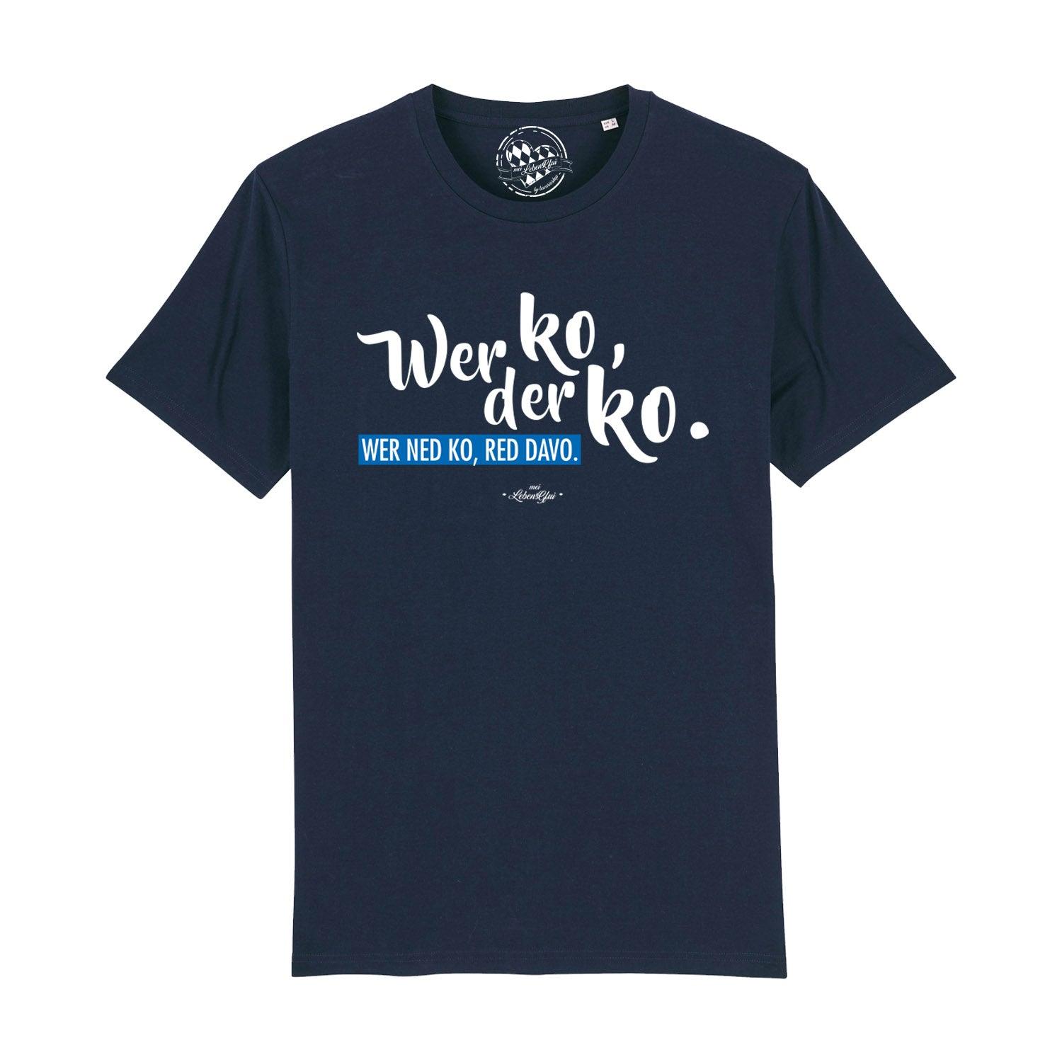 Dunkelblaues Herren T-Shirt Wer ko, der ko mit weißem Schriftzug und blauem Untertitel.