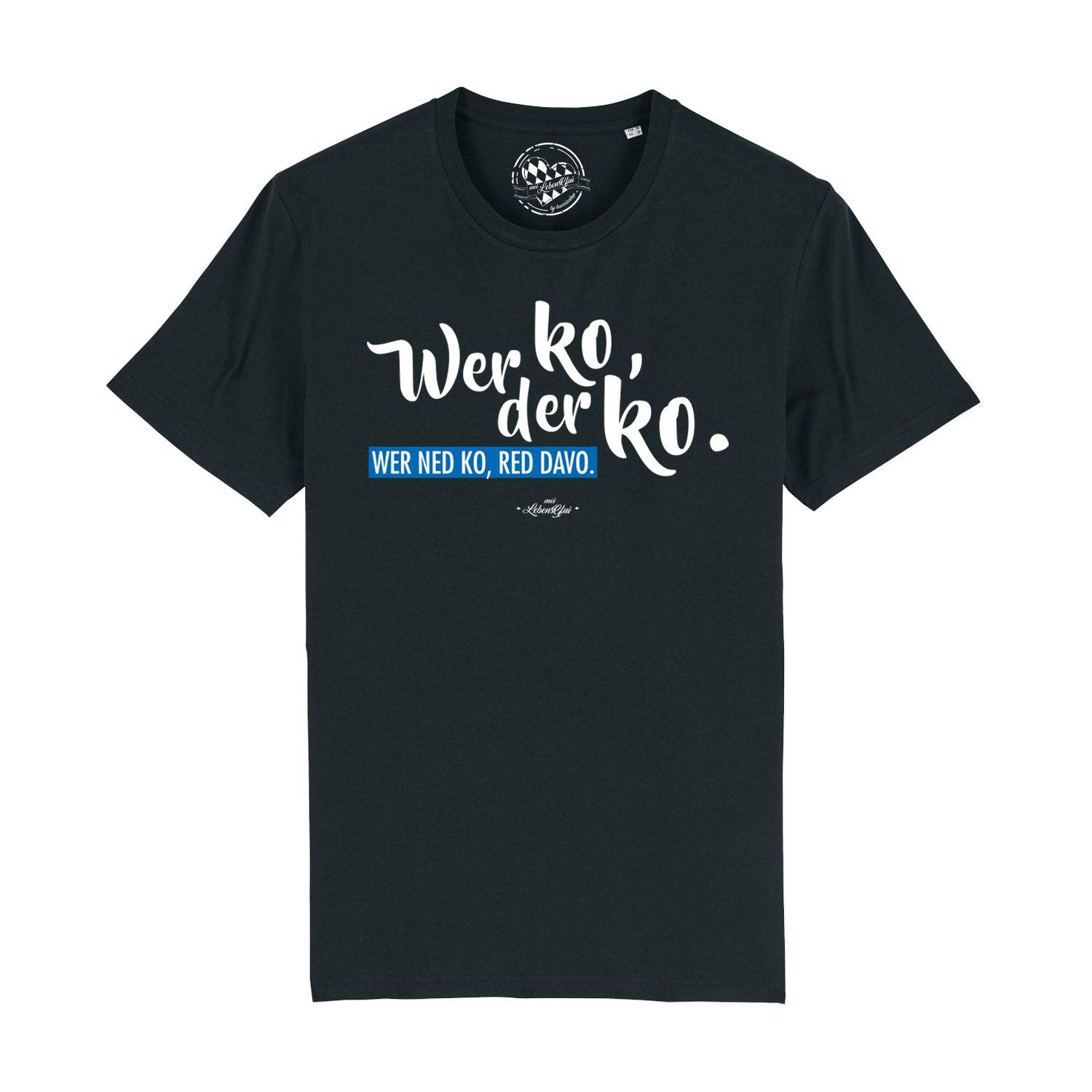 Schwarzes Herren T-Shirt Wer ko, der ko mit bayerischem Spruch in Weiß und Blautönen, Baumwolle kurzärmlig.
