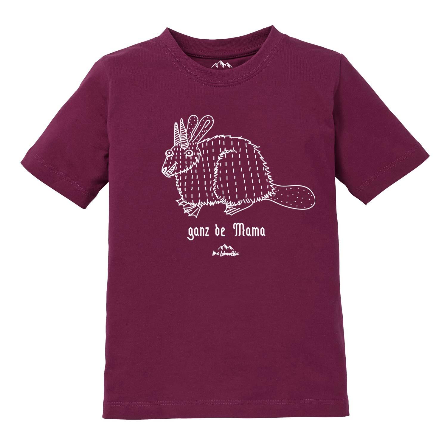 Dunkelrotes Kinder T-Shirt Wolpertinger "Ganz de Mama" mit weißem Wolpertinger-Print und Text auf der Brust in Gr. 104